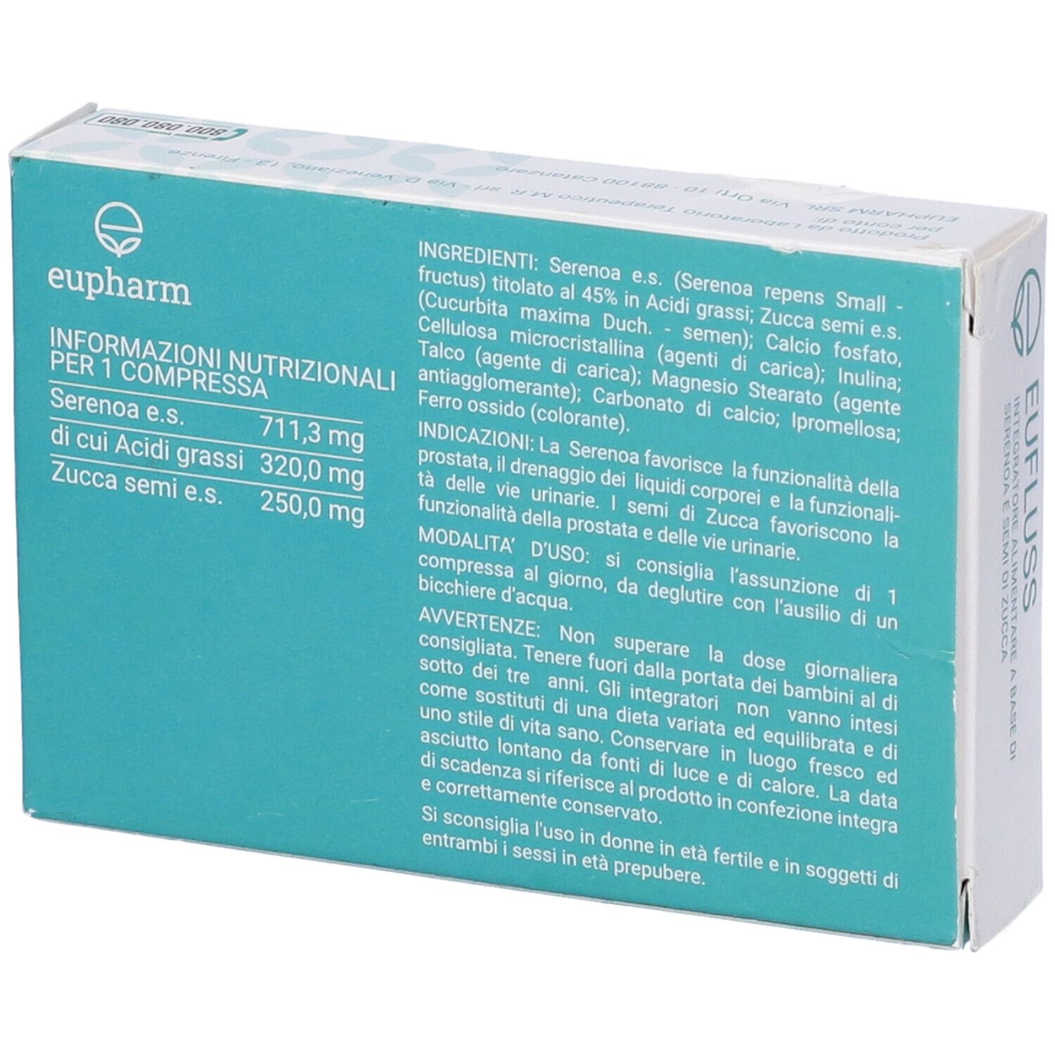 Retro della confezione EUFLUSS. Contiene informazioni sugli ingredienti e il valore nutrizionale. Sfondo turchese.
