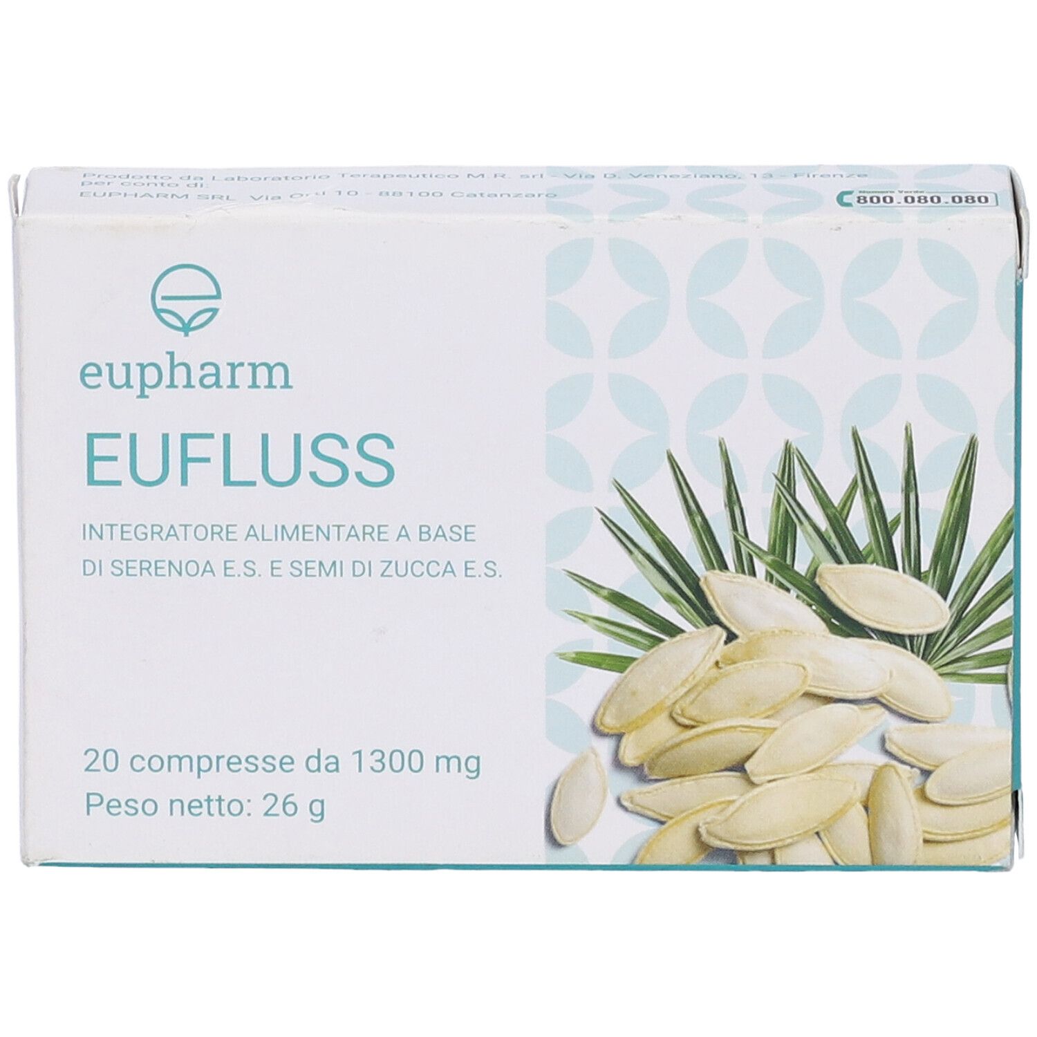 Scatola di EUFLUSS, 20 compresse. Marchio: Eupharm. Confezione bianca con immagine di semi e piante.