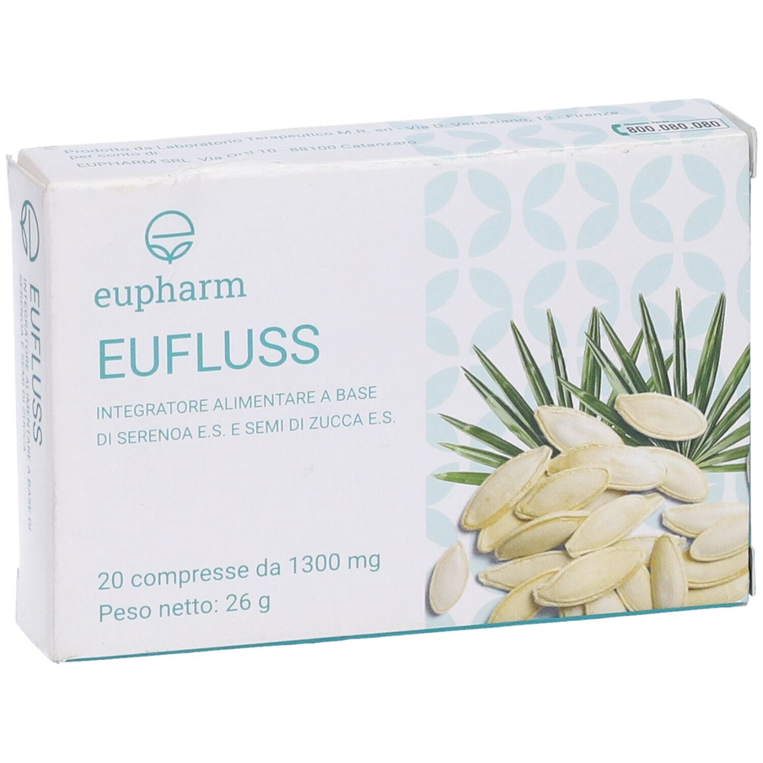 Scatola di EUFLUSS, 20 compresse. Marchio: Eupharm. Confezione bianca con immagine di semi e piante.