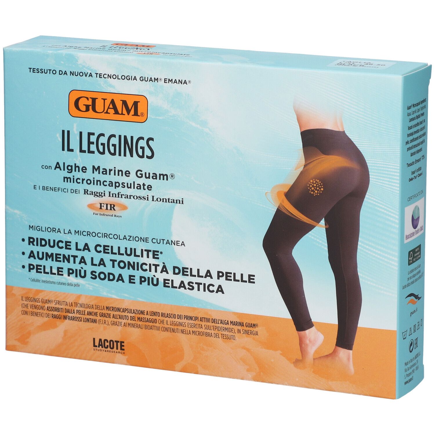 Confezione GUAM® Il Leggings. Immagine di leggings neri. Testo: Alghe, microcircolazione, riduzione cellulite.