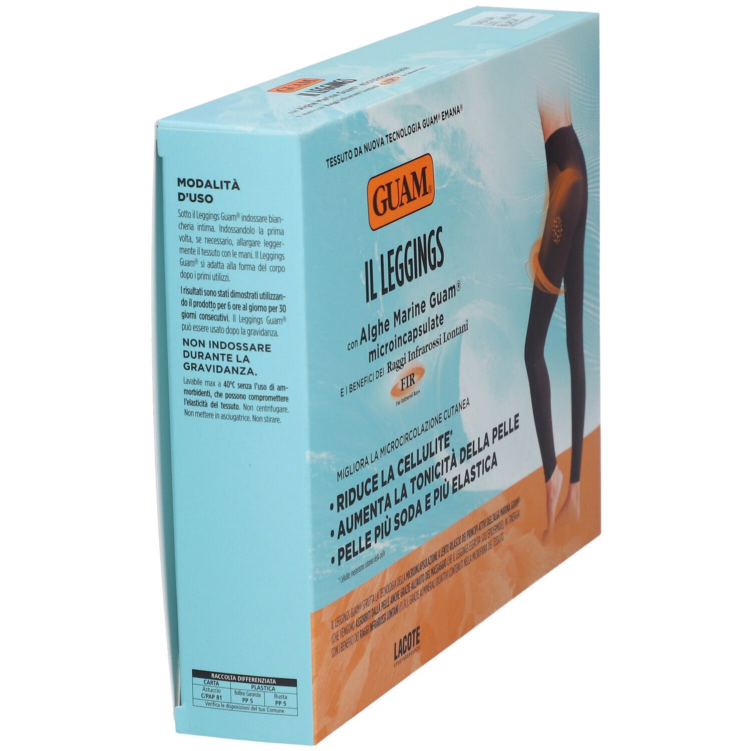 Confezione GUAM® Il Leggings, vista laterale. Testo: Alghe, microcircolazione, riduzione cellulite. Nome e logo prodotto.