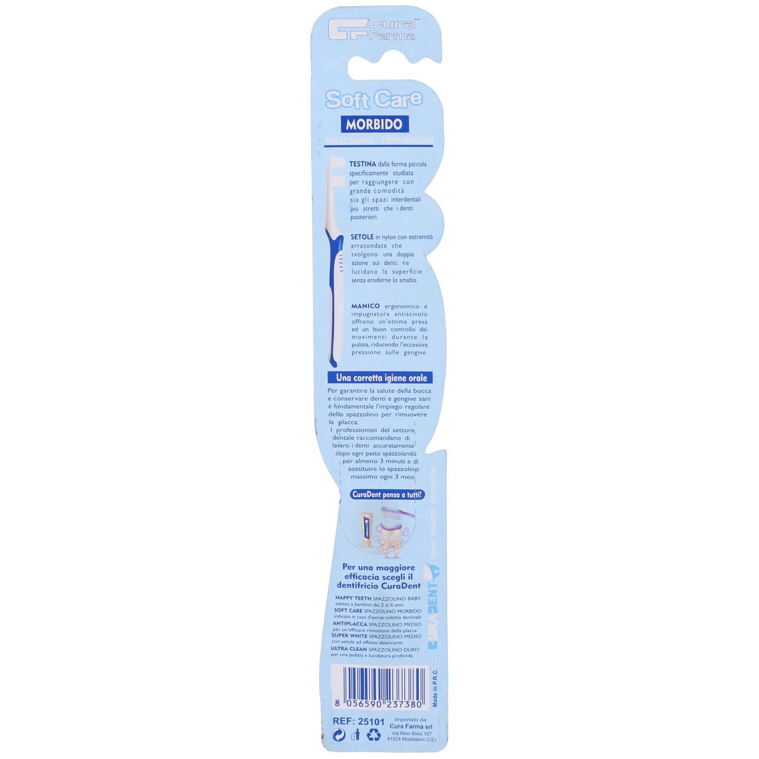 Verpackung einer Zahnbürste mit der Aufschrift "Soft Care MORBIDO".