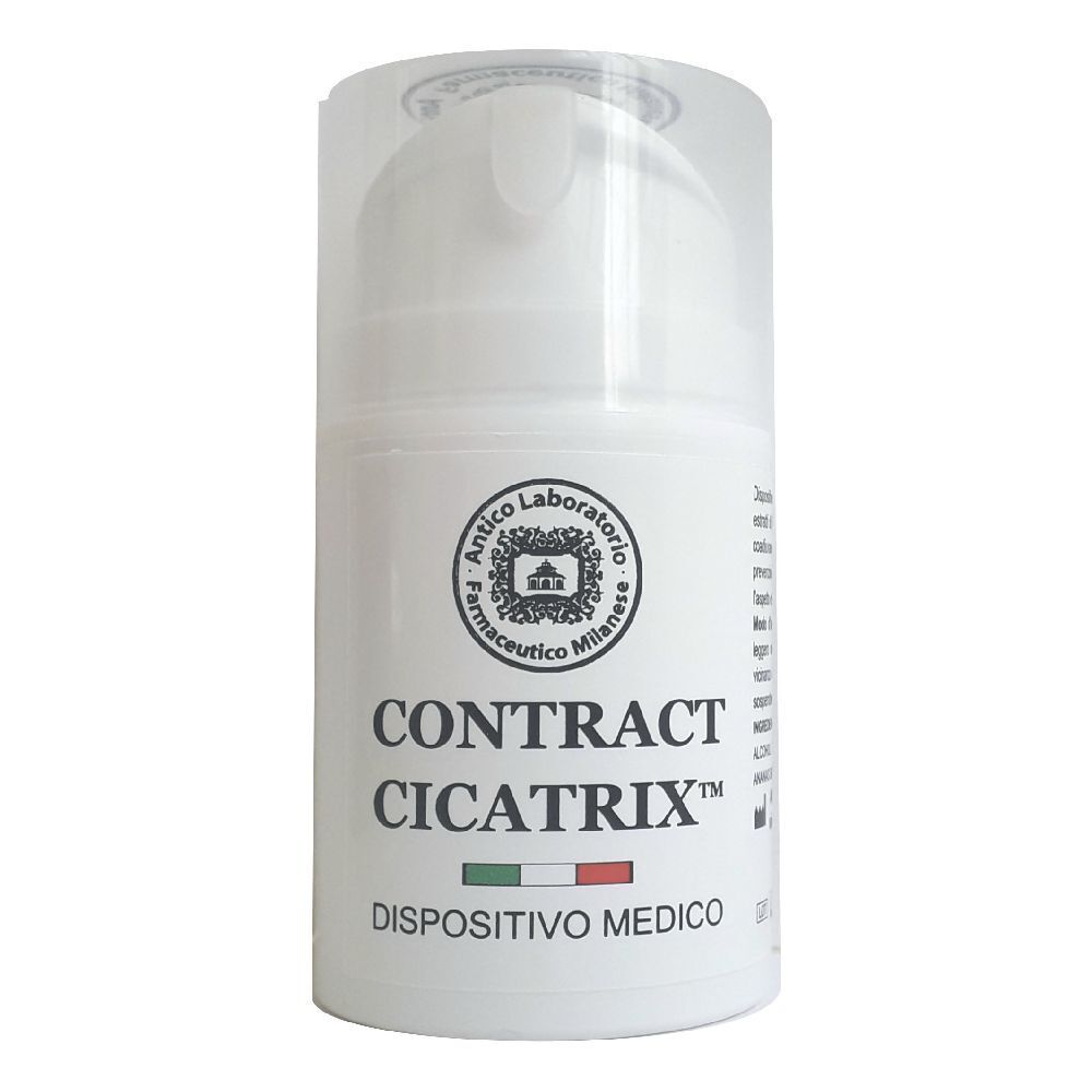 Flacone bianco con tappo trasparente. Scritta CONTRACT CICATRIX, bandiera italiana e DISPOSITIVO MEDICO.