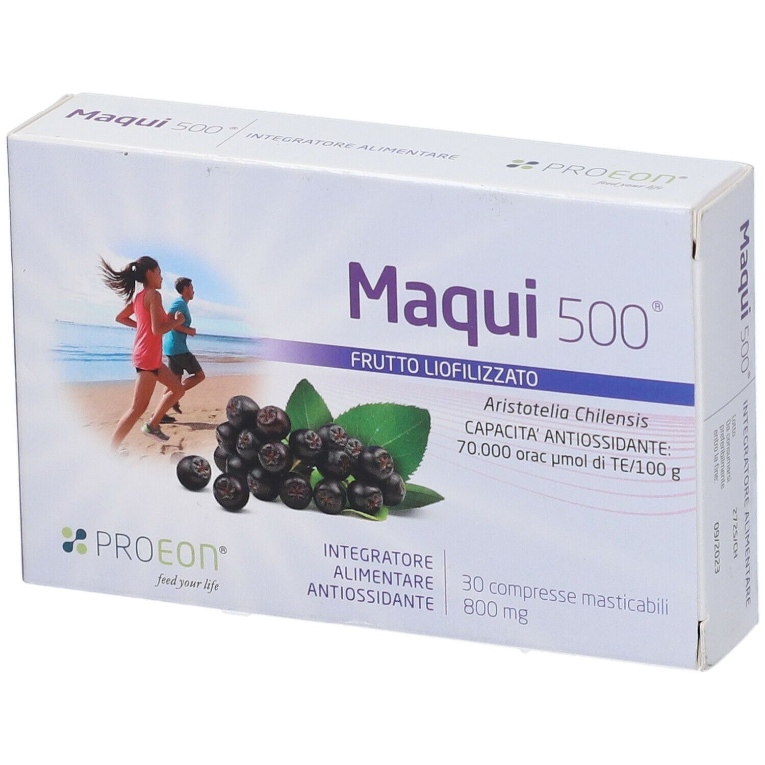 Scatola di Maqui 500, frutto liofilizzato. Immagine di corridori, bacche di maqui e foglie. Marchio: PROEOON.