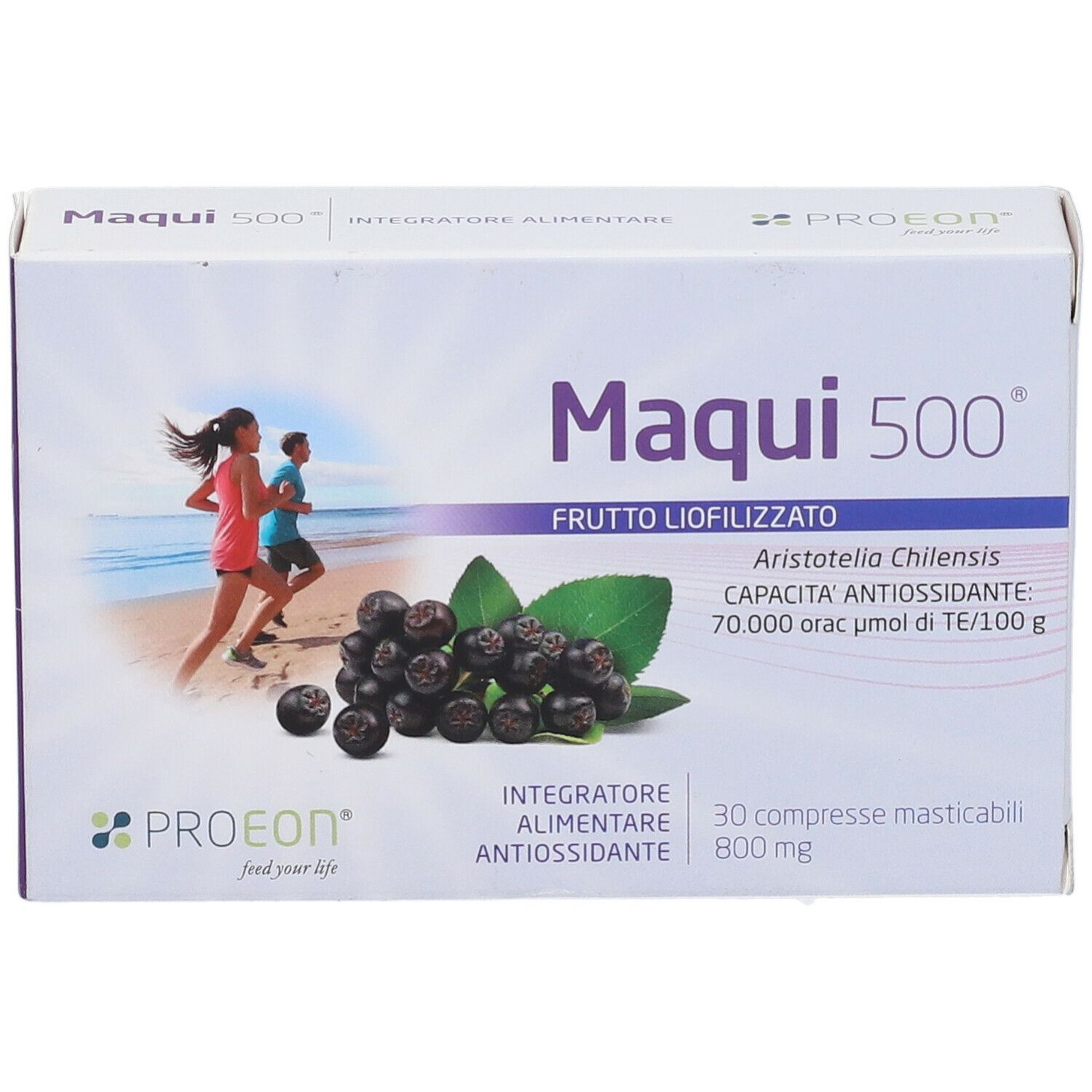 Scatola di Maqui 500, frutto liofilizzato. Immagine di corridori, bacche di maqui e foglie. Marchio: PROEOON.