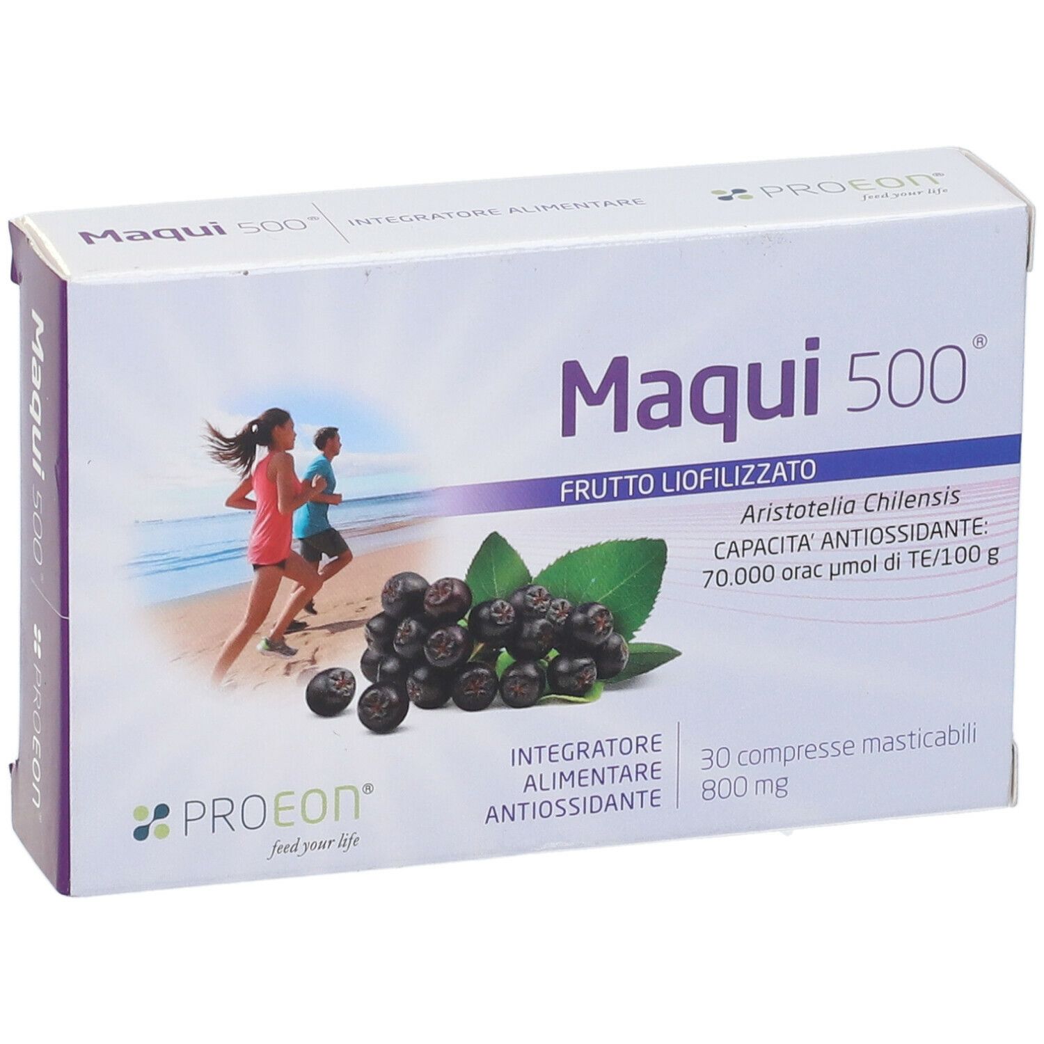 Scatola di Maqui 500, frutto liofilizzato. Immagine di corridori, bacche di maqui e foglie. Marchio: PROEOON.