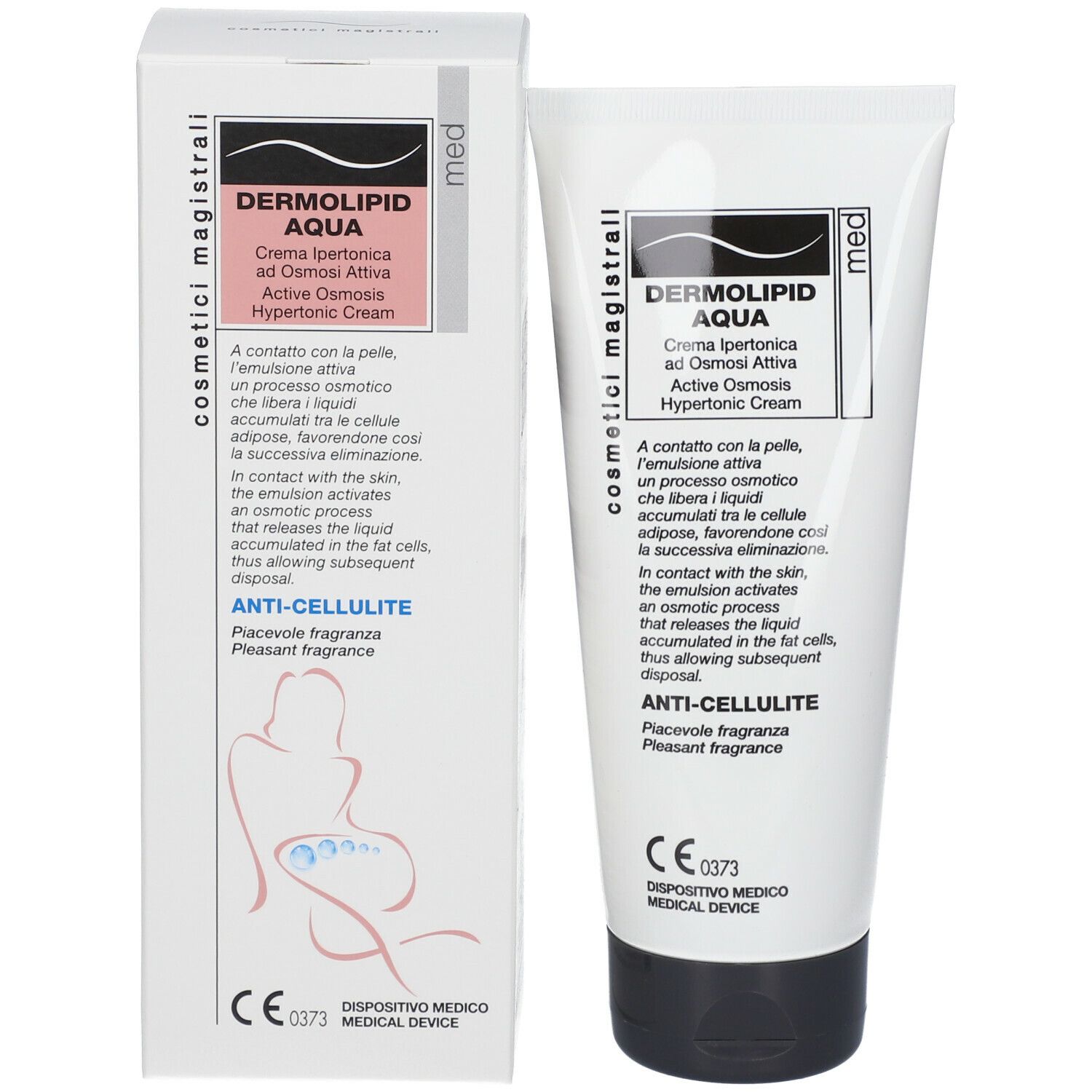 Confezione e tubo. Scritta: Dermolipid Aqua, Anti-Cellulite, marchio CE.