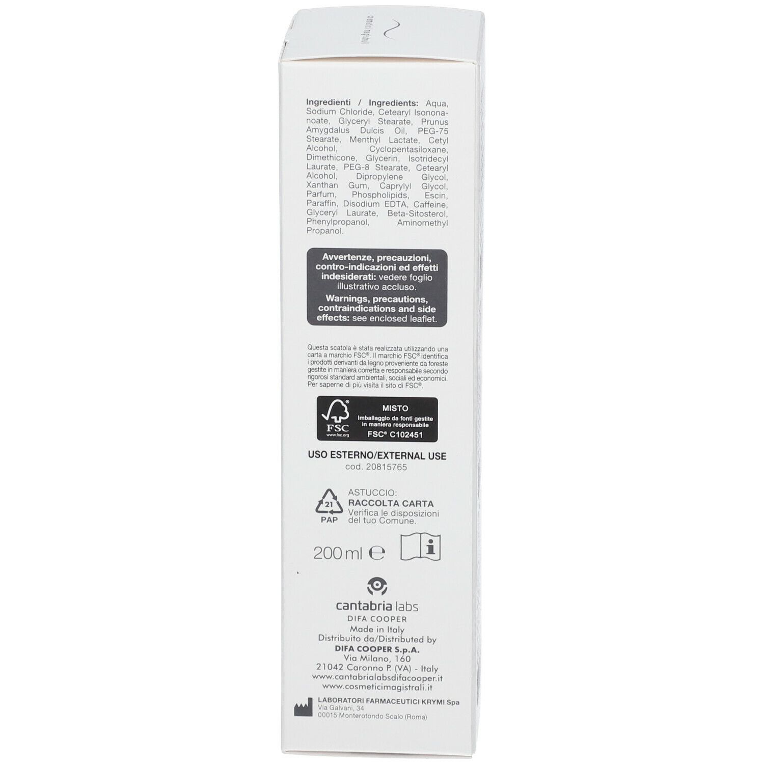 Confezione. Testo: Ingredienti, avvertenze, 200ml, marchio CE.