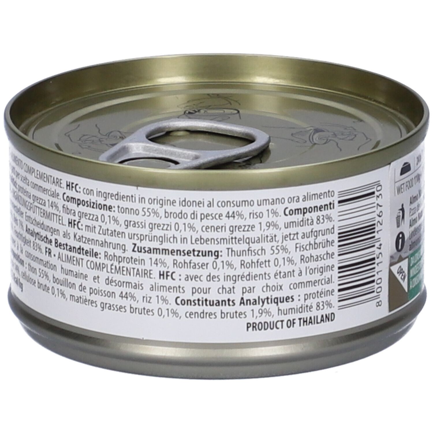 Lattina di cibo per gatti con linguetta. Etichetta con valori nutrizionali e ingredienti. Testo: Composizione, Costituenti analitici.