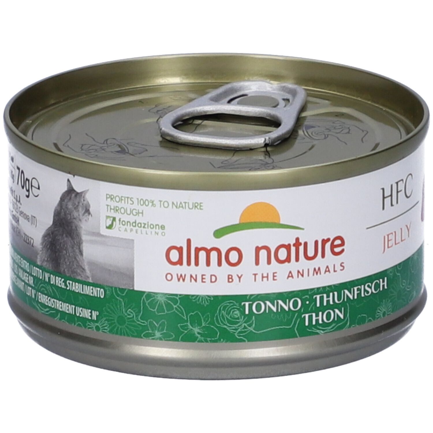 Lattina rotonda in metallo per cibo per gatti con linguetta. Etichetta con logo, testo e gatto. Scritta: Tonno, Thunfisch, Thon, HFC Jelly.