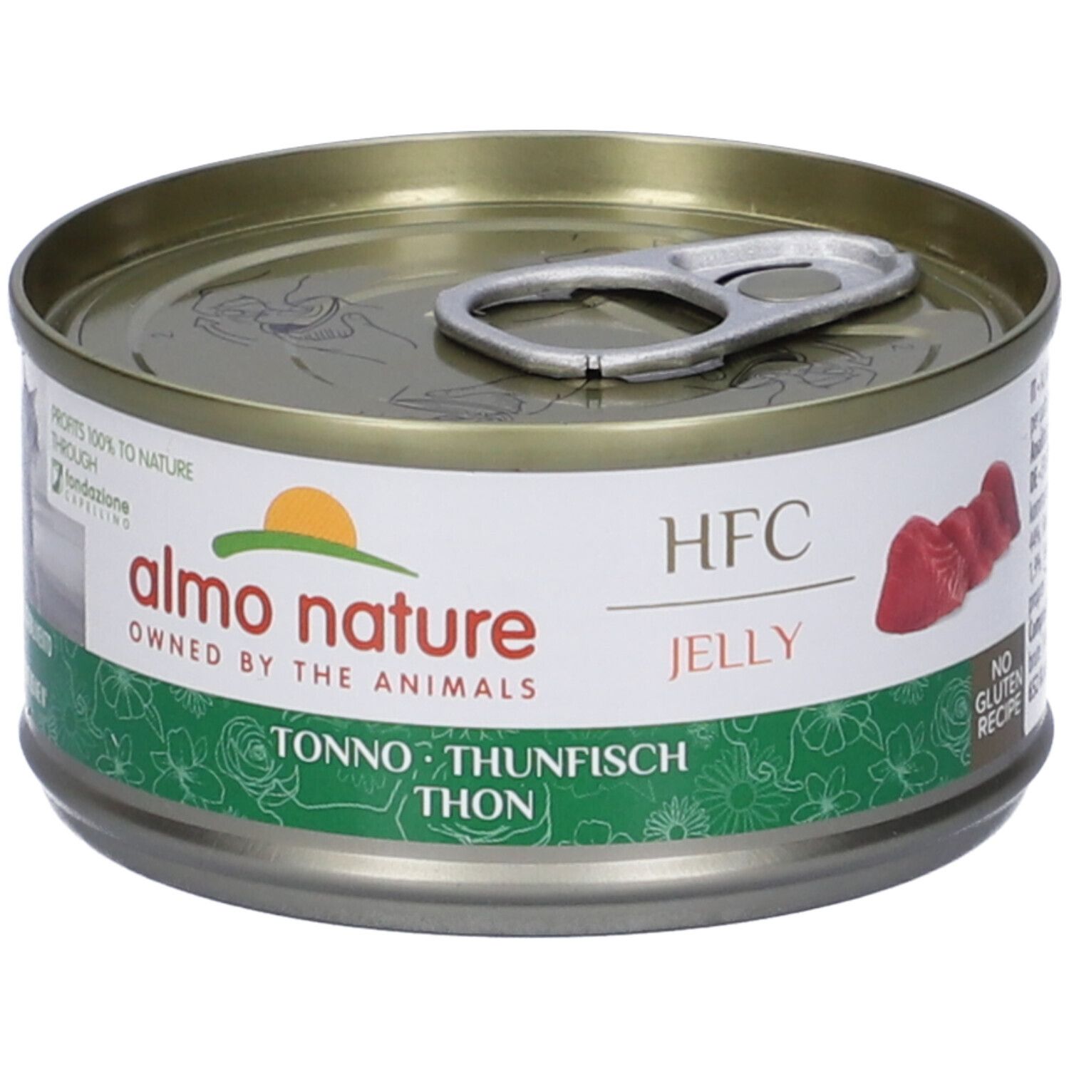 Lattina di cibo per gatti con linguetta. Etichetta con logo, testo e pezzi di pesce. Scritta: Tonno, Thunfisch, Thon, HFC Jelly, No Gluten Recipe.