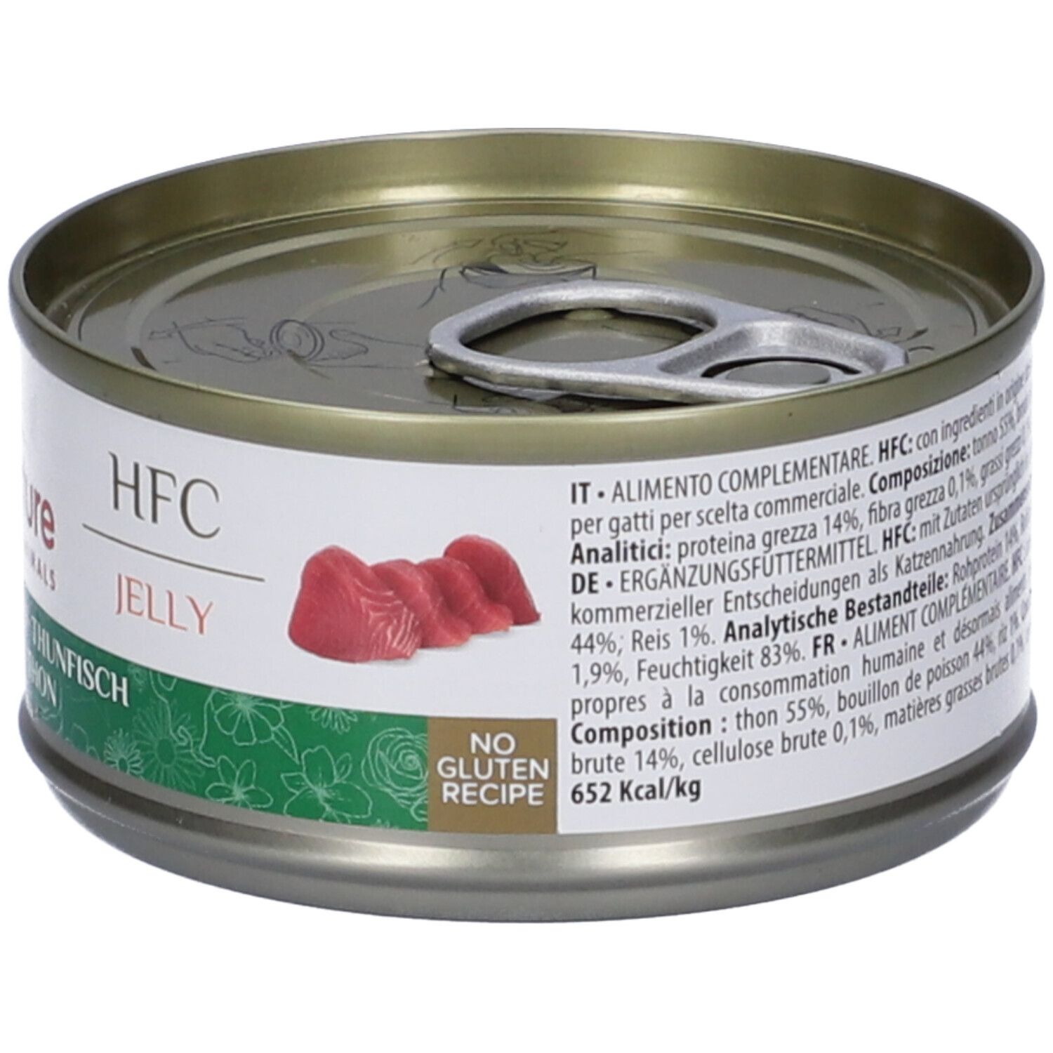 Lattina di cibo per gatti con linguetta. Etichetta con testo, pezzi di pesce e valori nutrizionali. Scritta: HFC Jelly, No Gluten Recipe, 652 Kcal/kg.