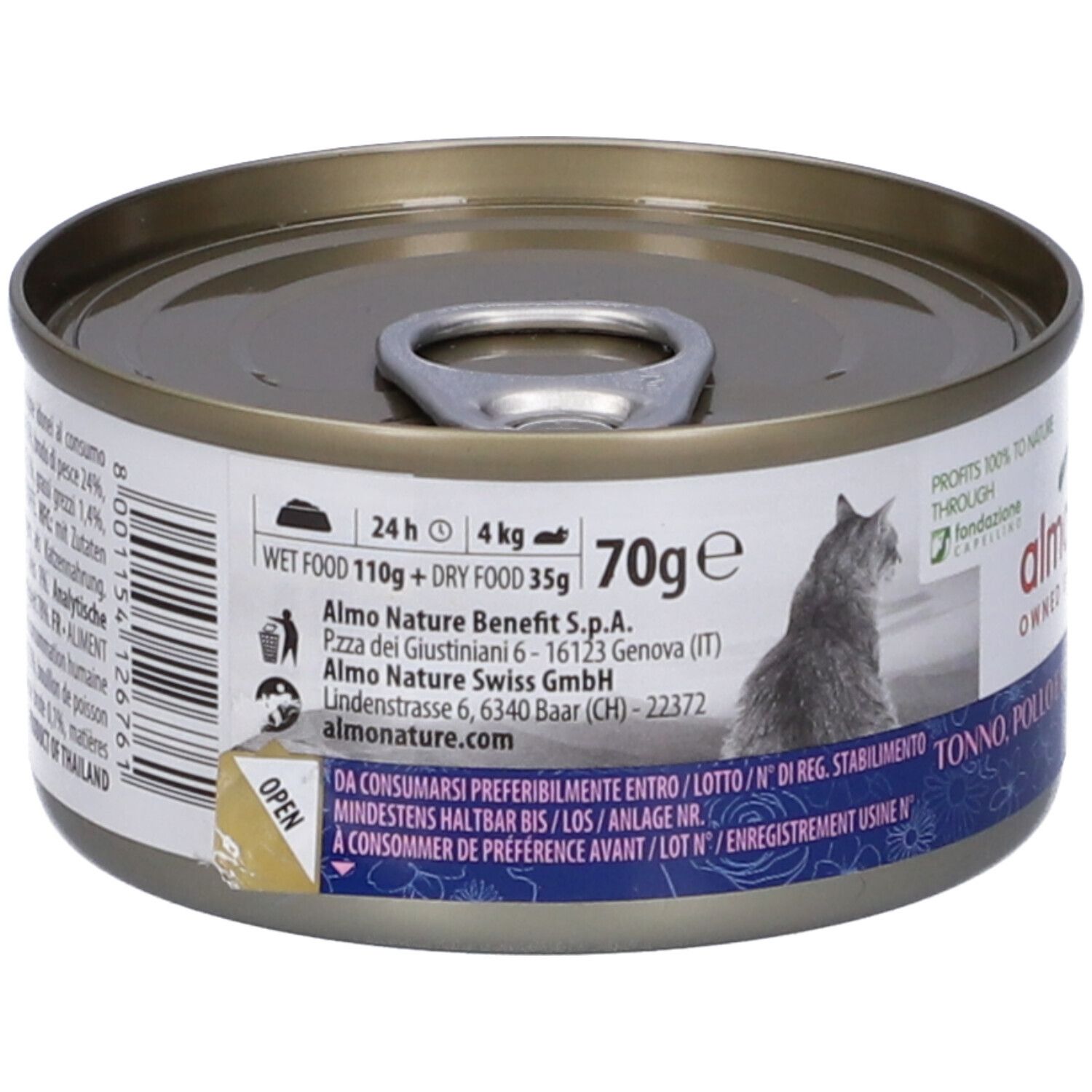 Lattina rotonda con coperchio. Scritta: Almo Nature, 70g, Wet Food 110g + Dry Food 35g. Illustrazione di gatto.