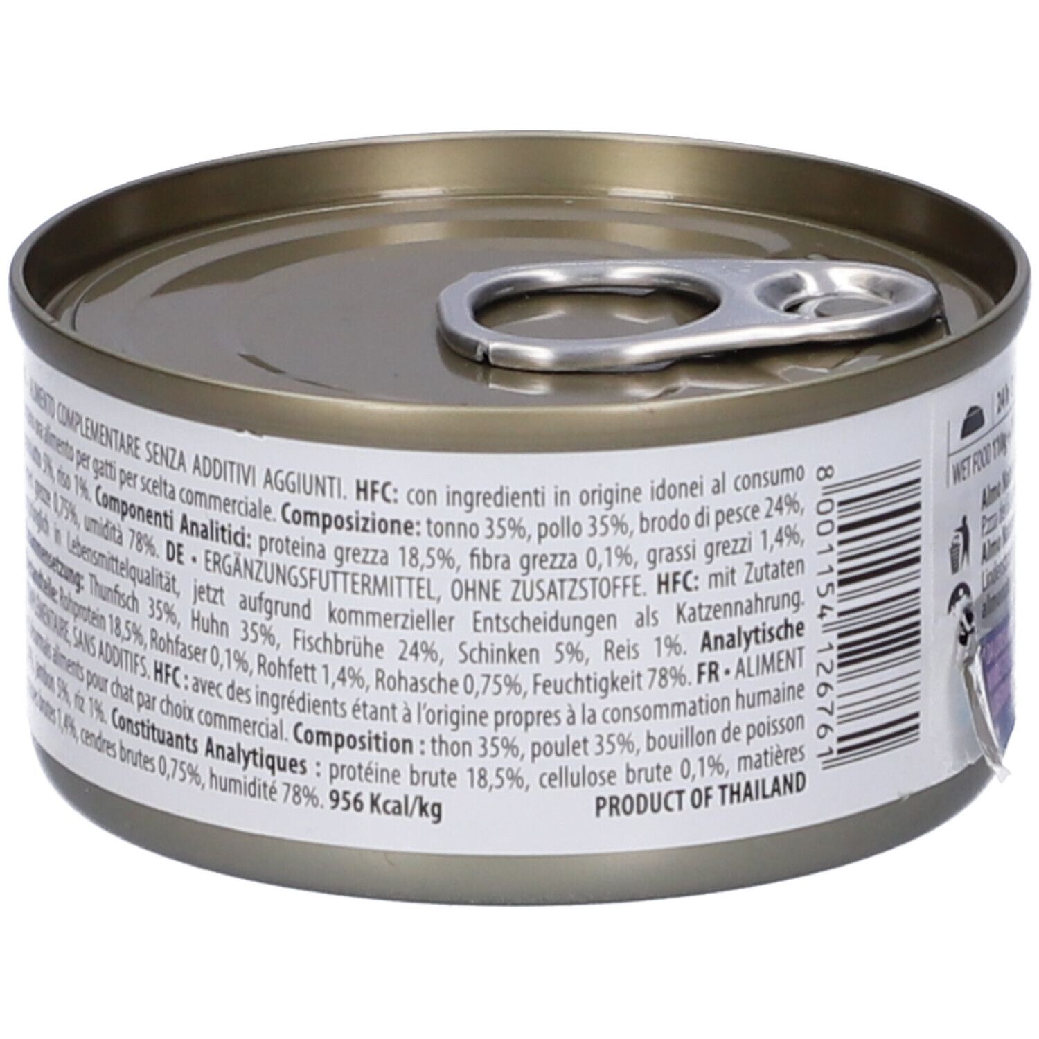 Lattina rotonda con coperchio. Scritta: HFC, Composizione, Prodotto della Thailandia. Testo multilingue.