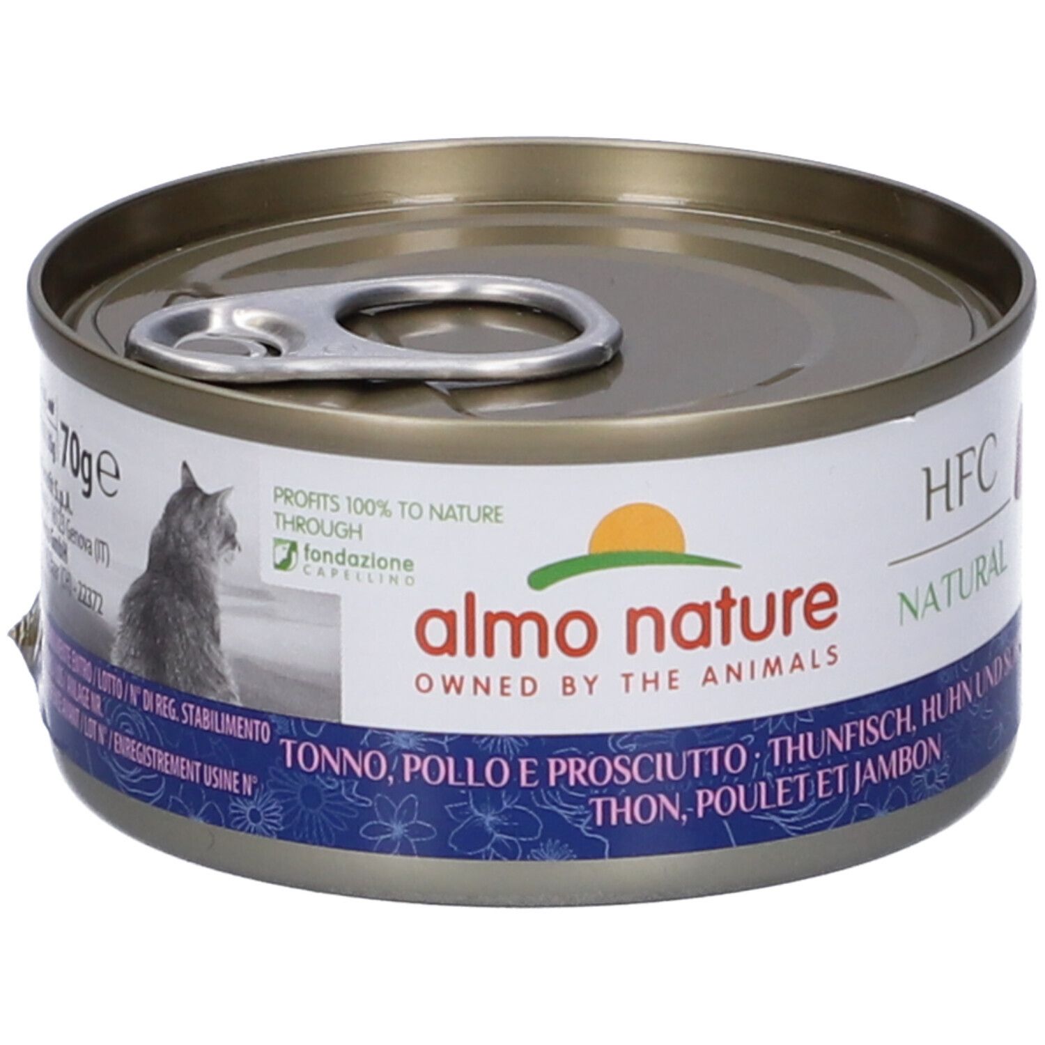 Lattina rotonda con coperchio. Scritta: HFC Natural, Almo Nature, Tonno, Pollo e Prosciutto. Illustrazione di gatto.