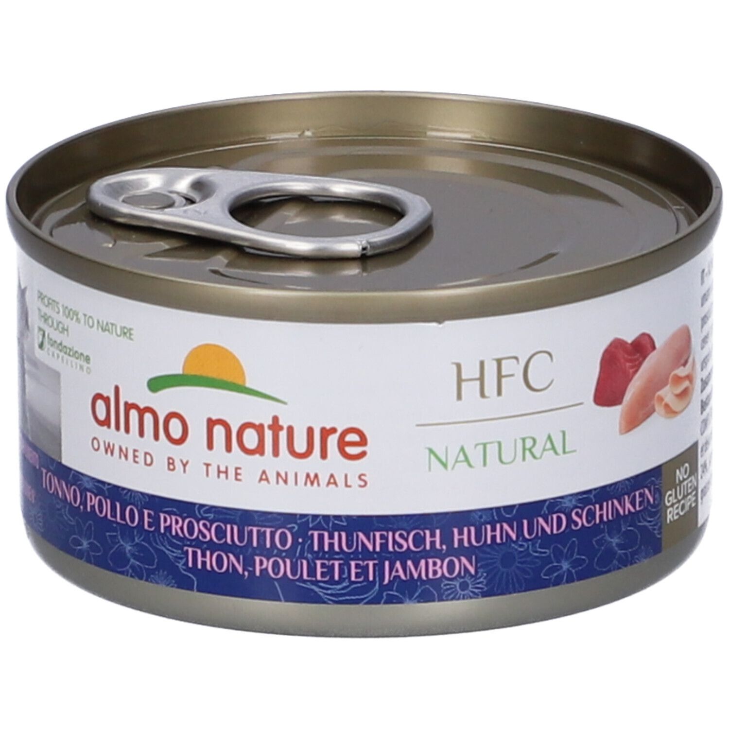 Lattina rotonda con coperchio. Scritta: HFC Natural, Almo Nature, Tonno, Pollo e Prosciutto. Immagine di carne.