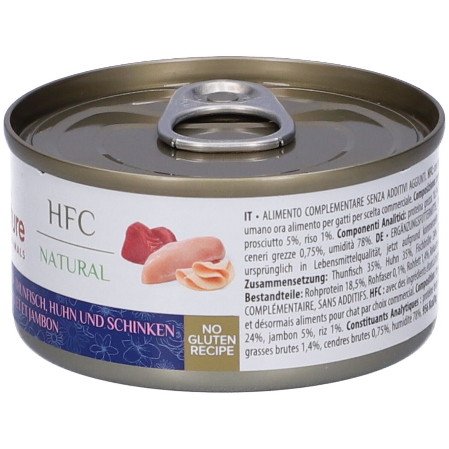 Lattina rotonda con coperchio. Scritta: HFC Natural, Almo Nature, Tonno, Pollo e Prosciutto. Immagine di carne. Senza glutine.