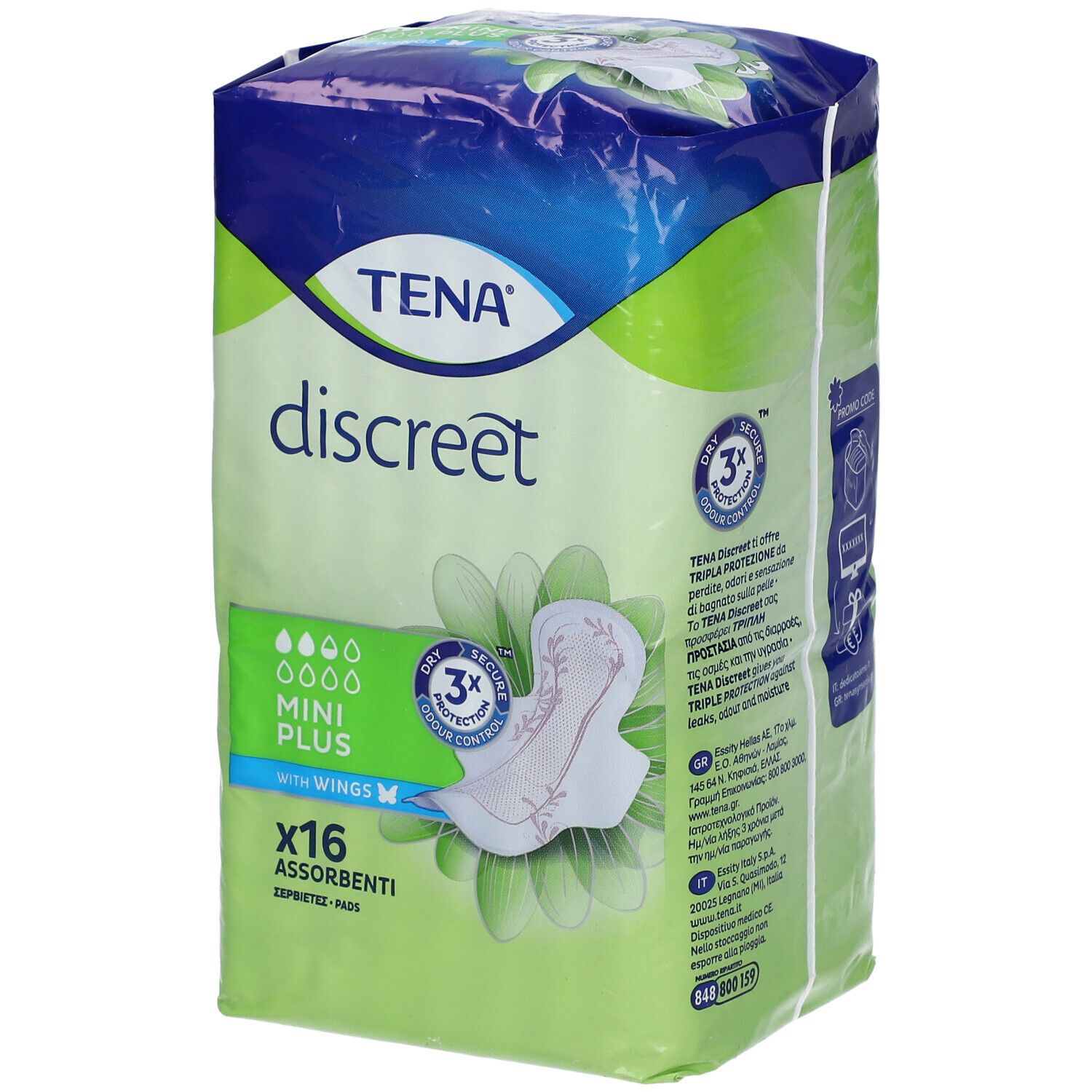Confezione TENA Discreet Mini Plus con ali. 16 pezzi. Design verde e bianco. Visibile: immagine del prodotto, logo, nome del prodotto.