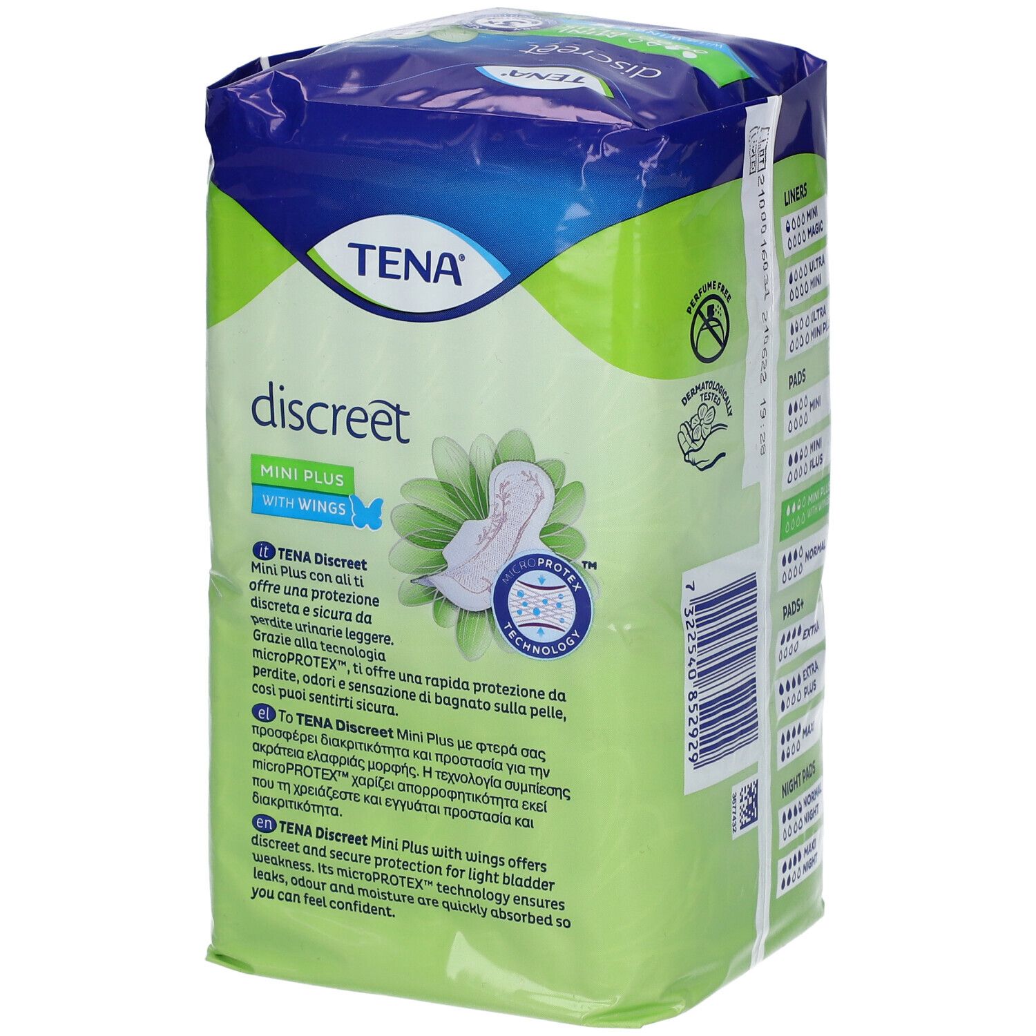 Confezione TENA Discreet. Immagine del prodotto e logo. Testo in più lingue. 16 Mini Plus con ali.