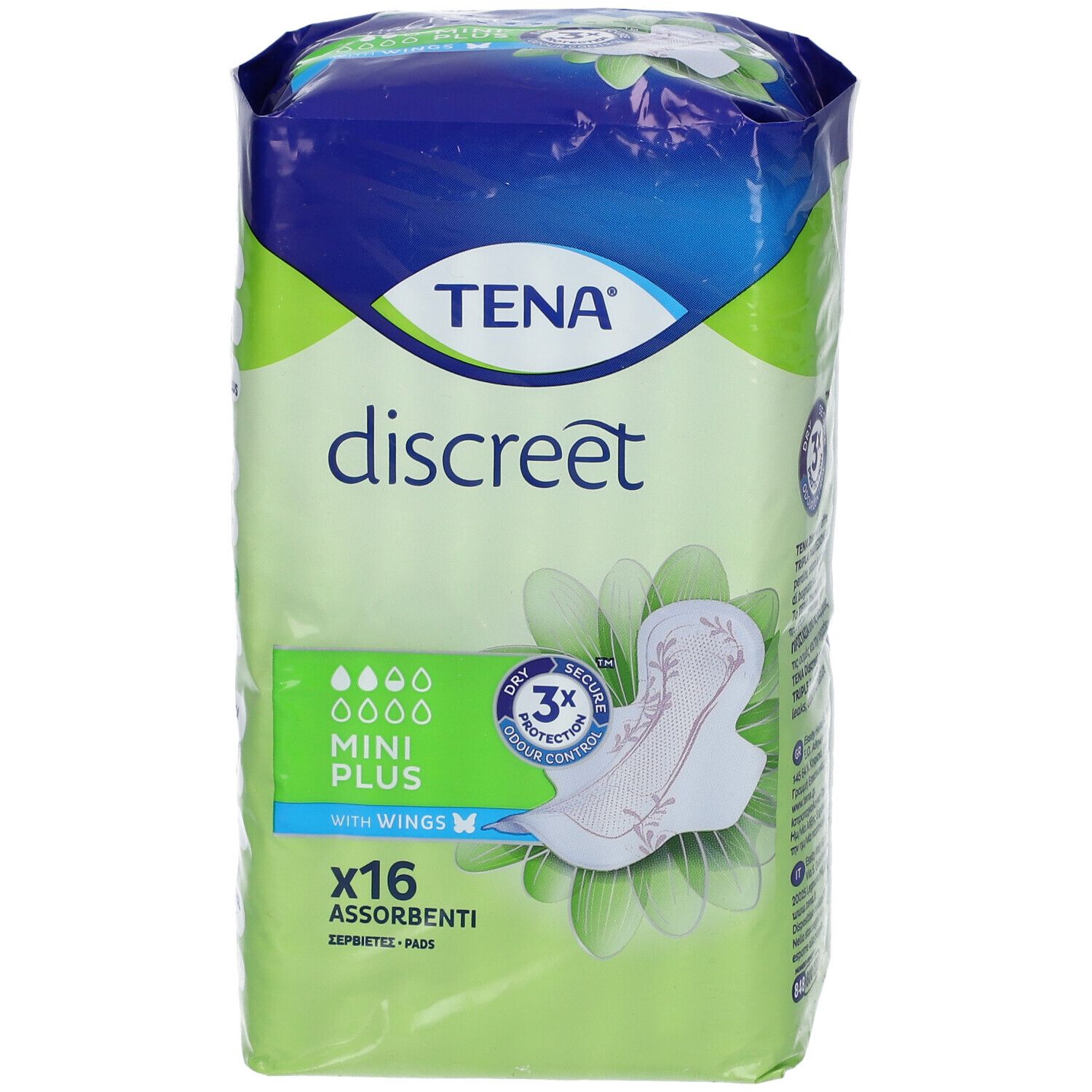 Confezione TENA Discreet. Immagine del prodotto e logo. 16 Mini Plus con ali. Design verde e bianco.