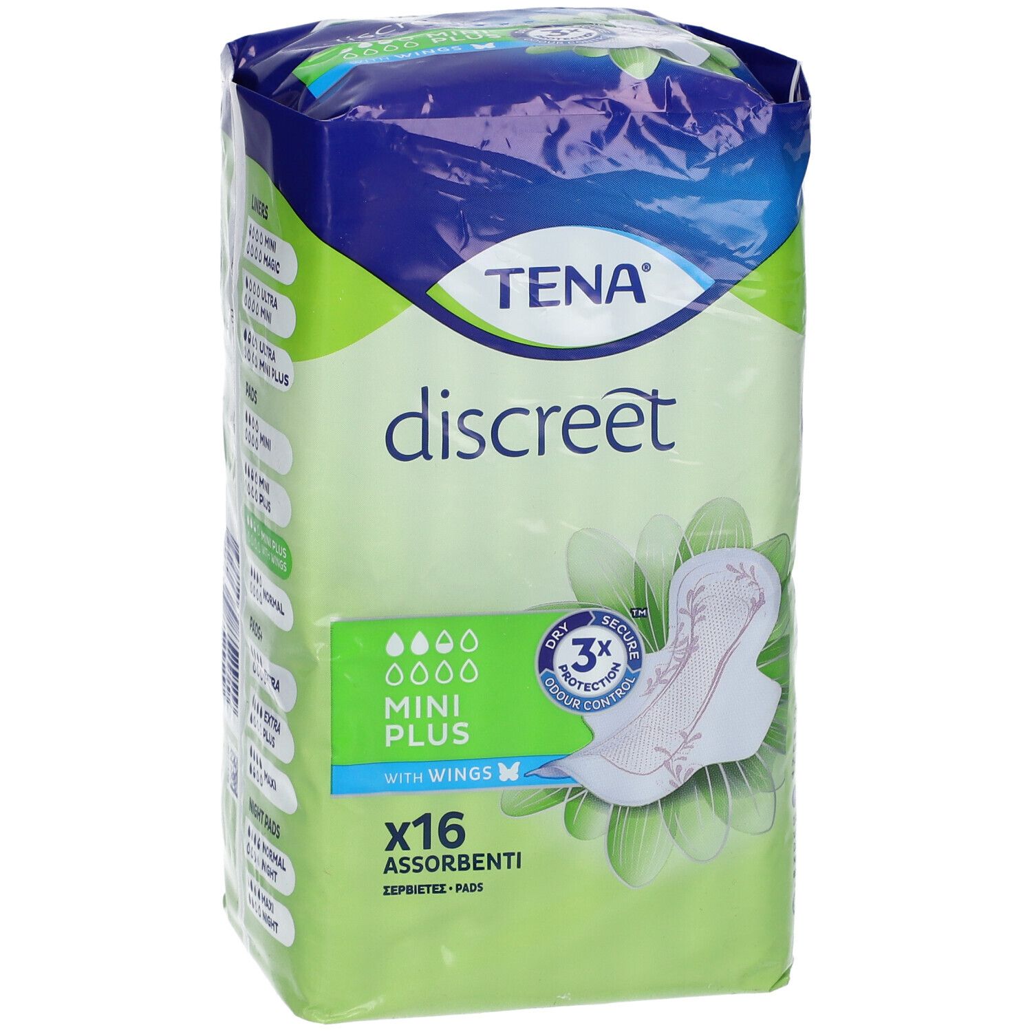 Confezione TENA Discreet. Immagine del prodotto e logo. 16 Mini Plus con ali. Design verde e bianco.