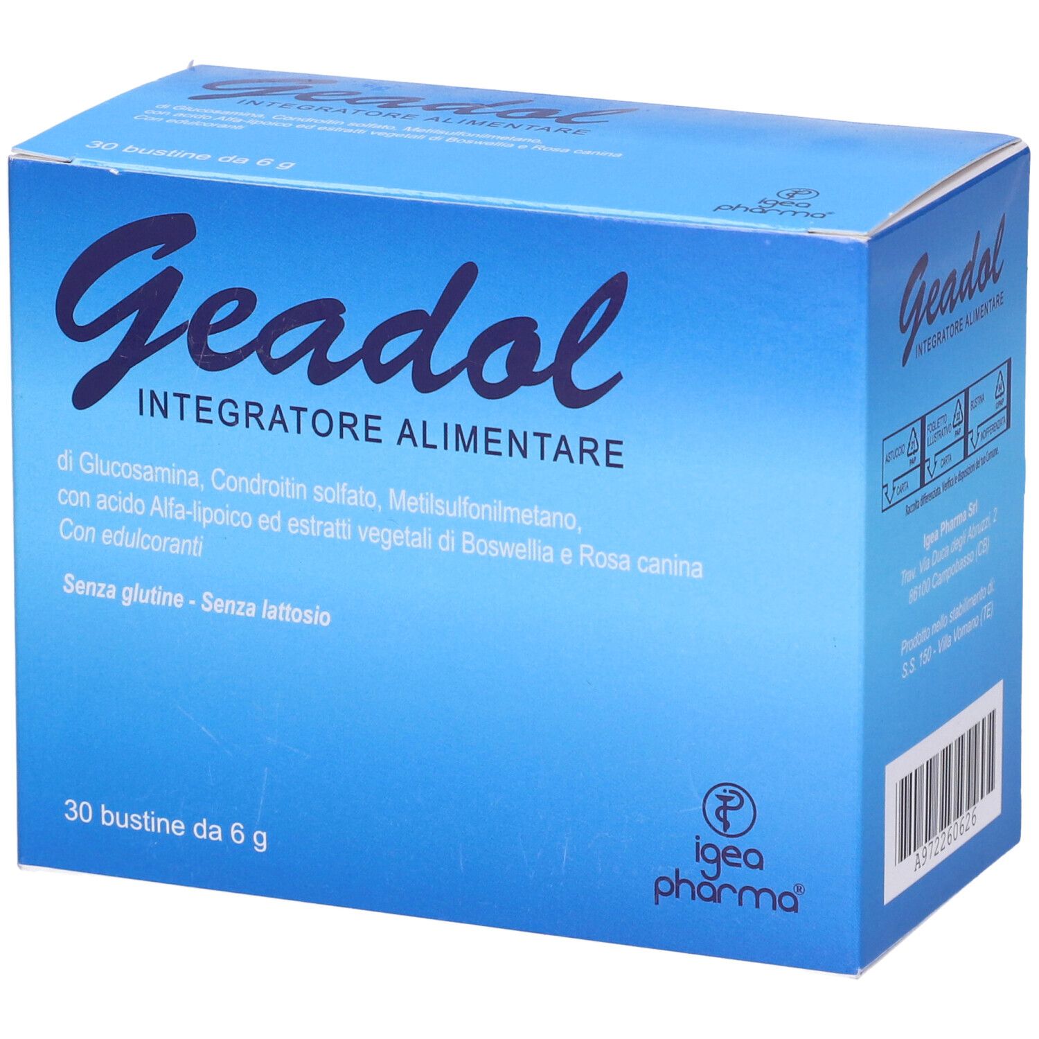 Scatola blu con nome del prodotto e informazioni. Scritto: Geadol, Integratore Alimentare. 30 Bustine da 6 g.