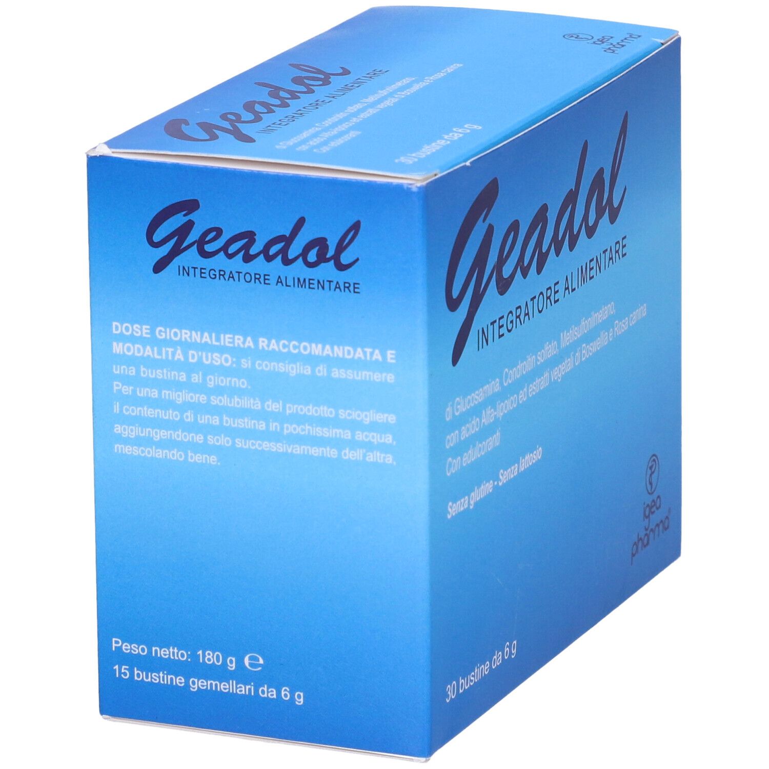 Scatola blu con nome del prodotto e informazioni. Scritto: Geadol, Integratore Alimentare. 15 Bustine gemellari da 6 g.