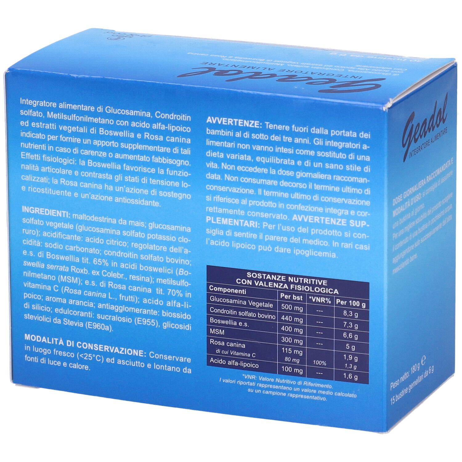 Scatola blu con informazioni e valori nutrizionali. Scritto: Geadol, Integratore Alimentare.