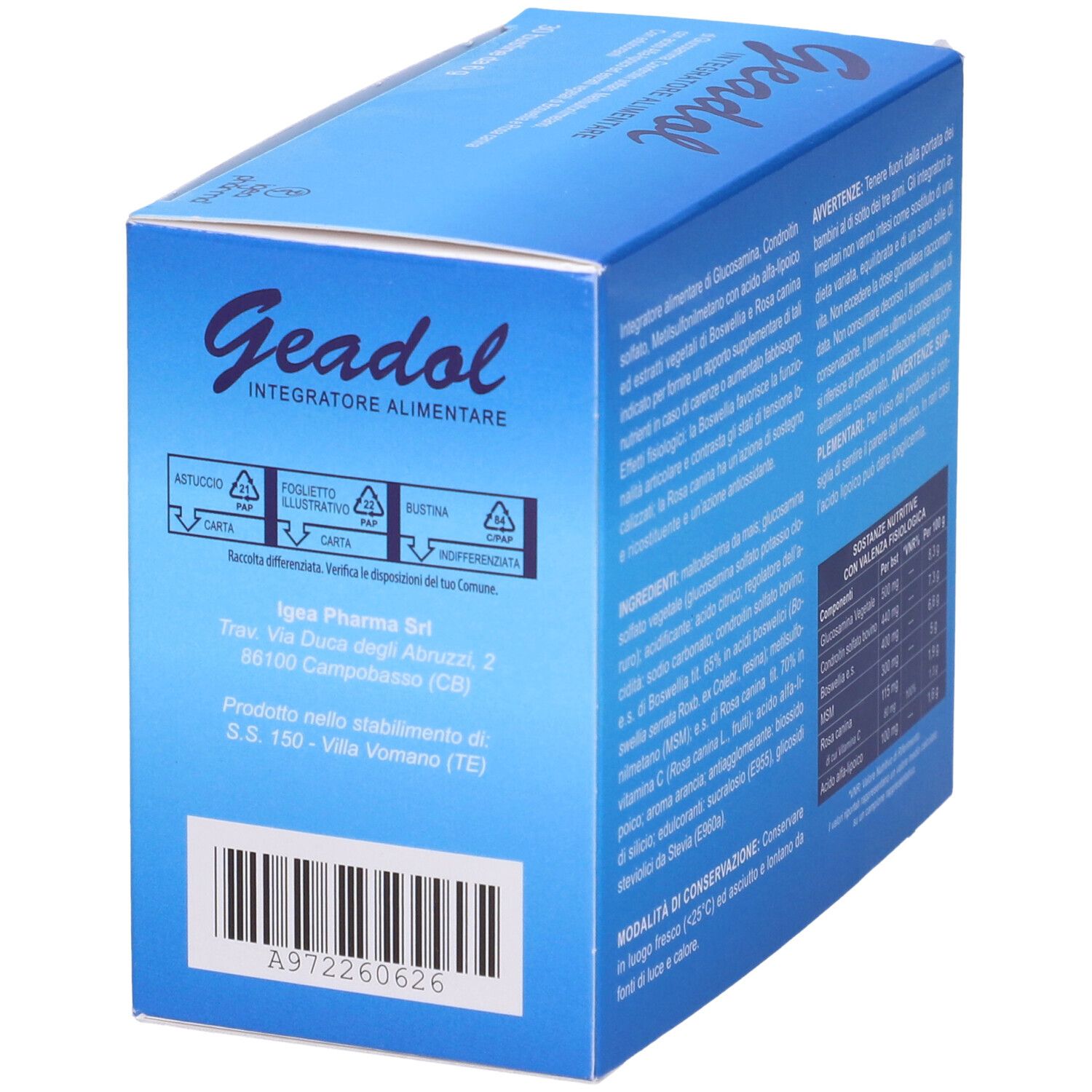 Scatola blu con informazioni e indirizzo del produttore. Scritto: Geadol, Integratore Alimentare.