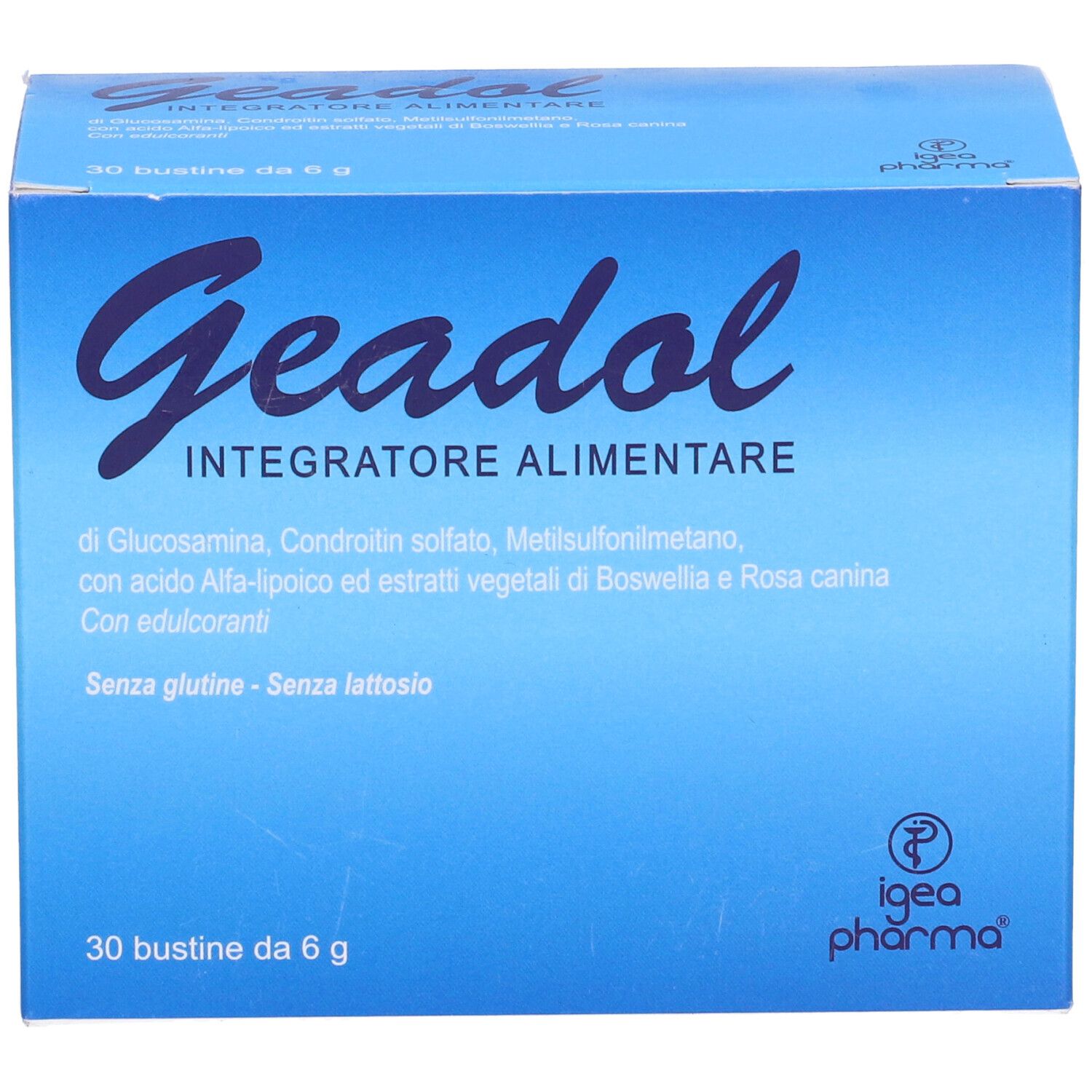 Scatola blu con nome del prodotto e informazioni. Scritto: Geadol, Integratore Alimentare. 30 Bustine da 6 g.