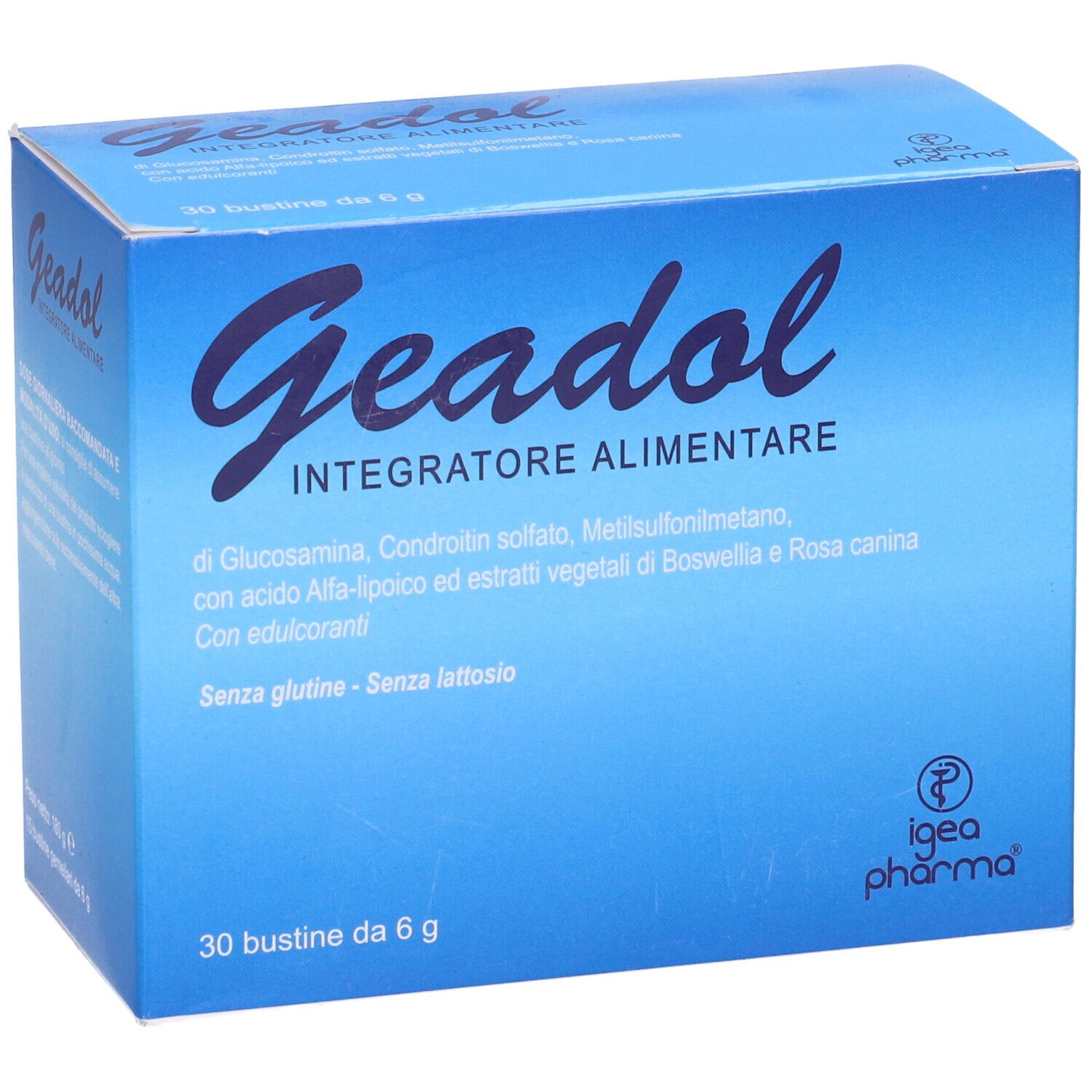 Scatola blu con nome del prodotto e informazioni. Scritto: Geadol, Integratore Alimentare. 30 Bustine da 6 g.