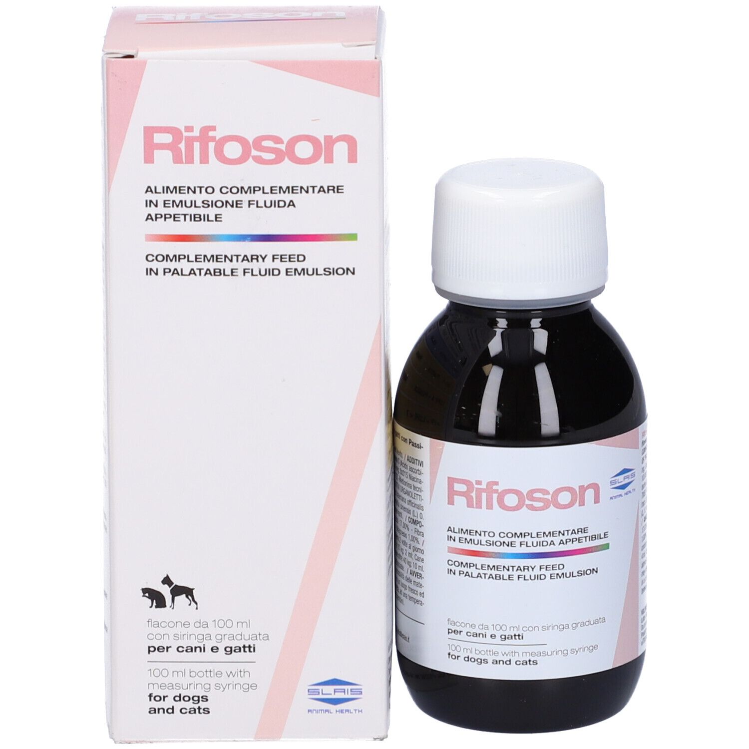 Flacone e confezione con nome del prodotto. Flacone con liquido marrone.