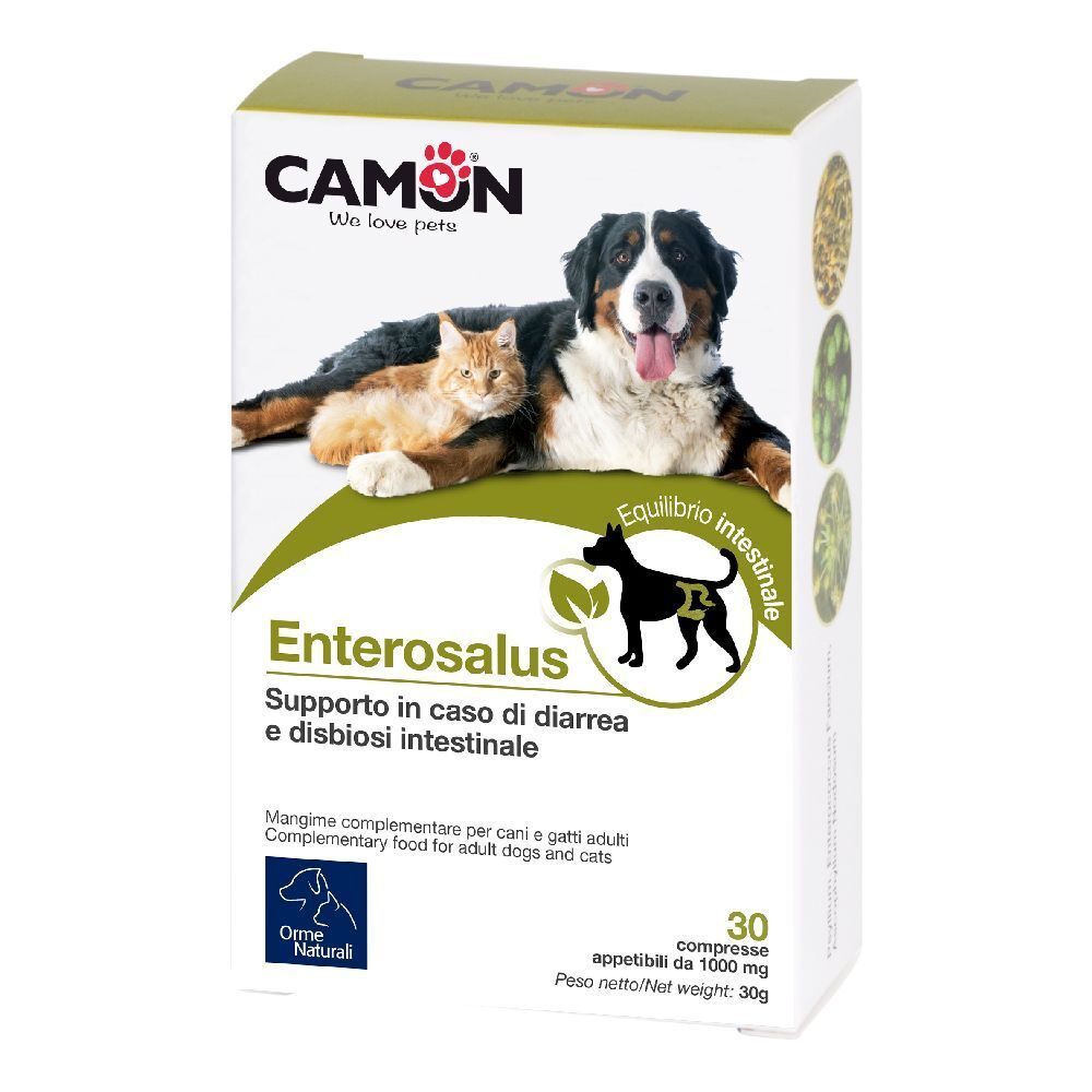 Confezione di Enterosalus. Marchio CAMON. Contiene 30 compresse. Immagine di cane e gatto.