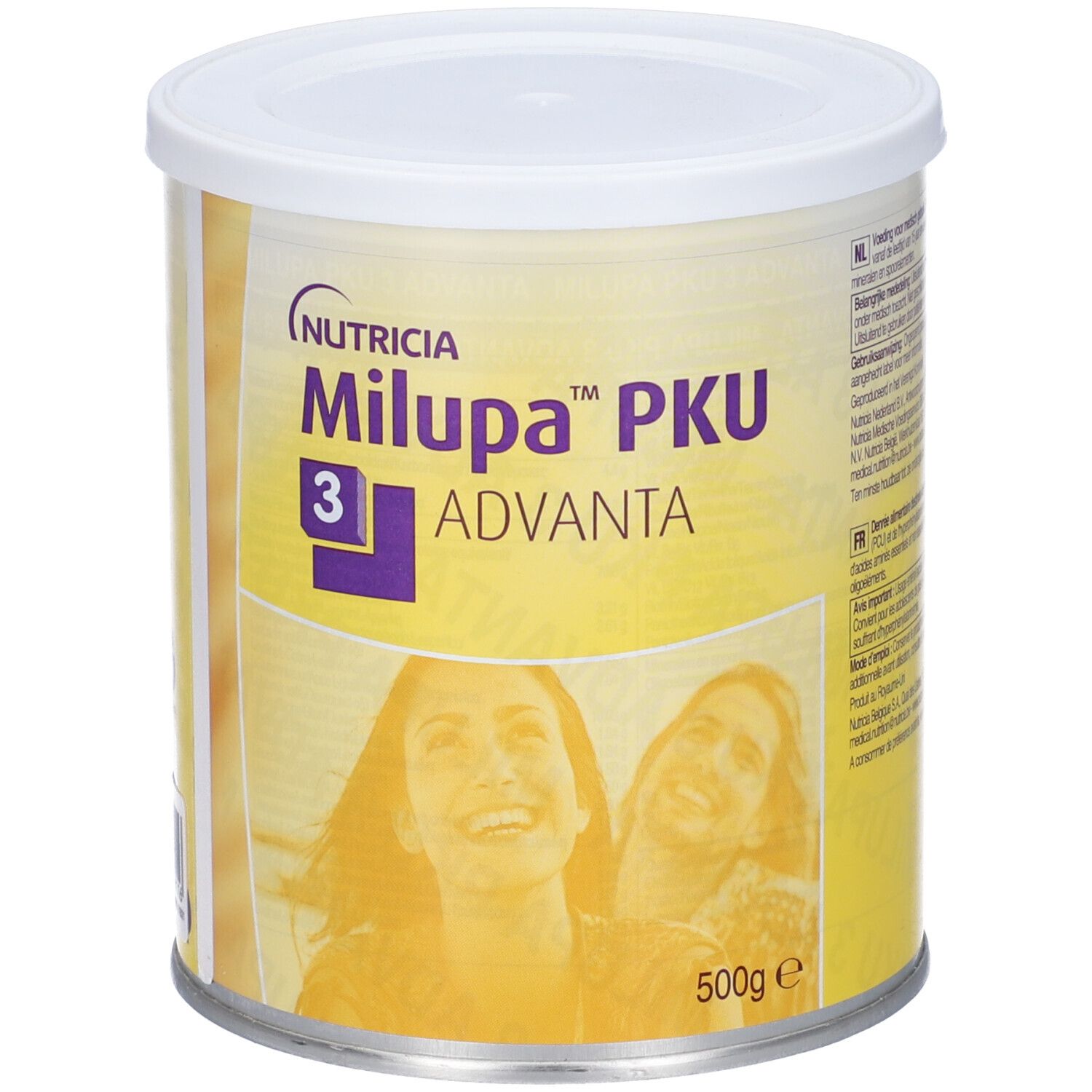 Latta Nutricia Milupa PKU 3 Advanta. Coperchio bianco, sfondo giallo. Scritte e logo. 500g.