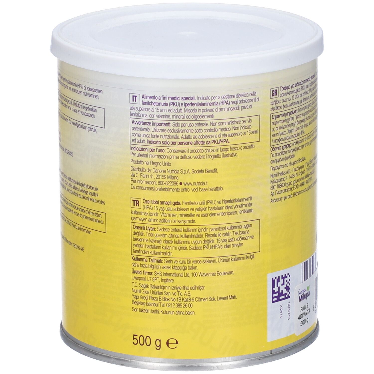 Retro latta Nutricia Milupa PKU 3 Advanta. Sfondo giallo, testo multilingue. 500g.