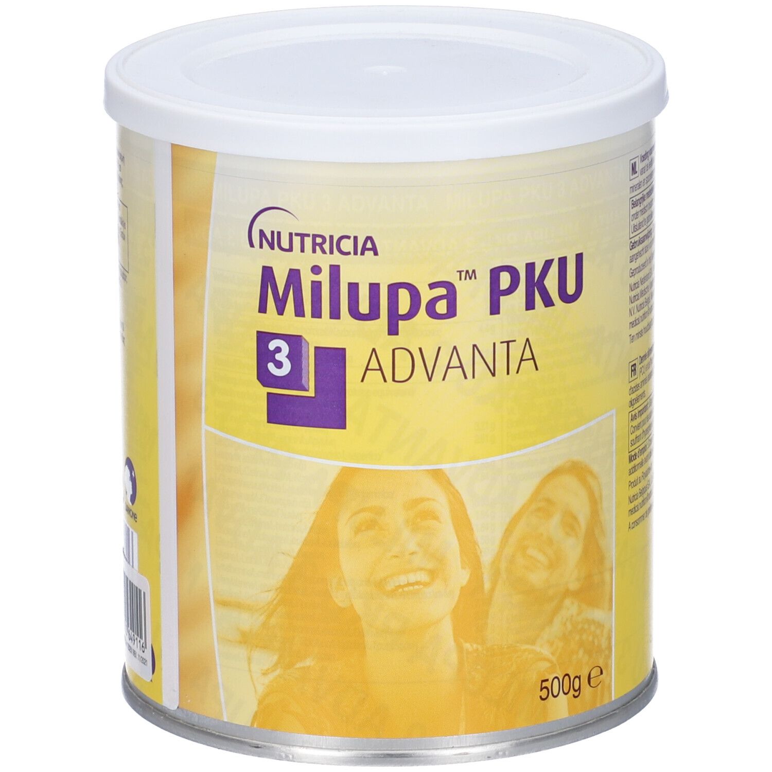Latta Nutricia Milupa PKU 3 Advanta. Coperchio bianco, sfondo giallo. Scritte e logo. 500g.