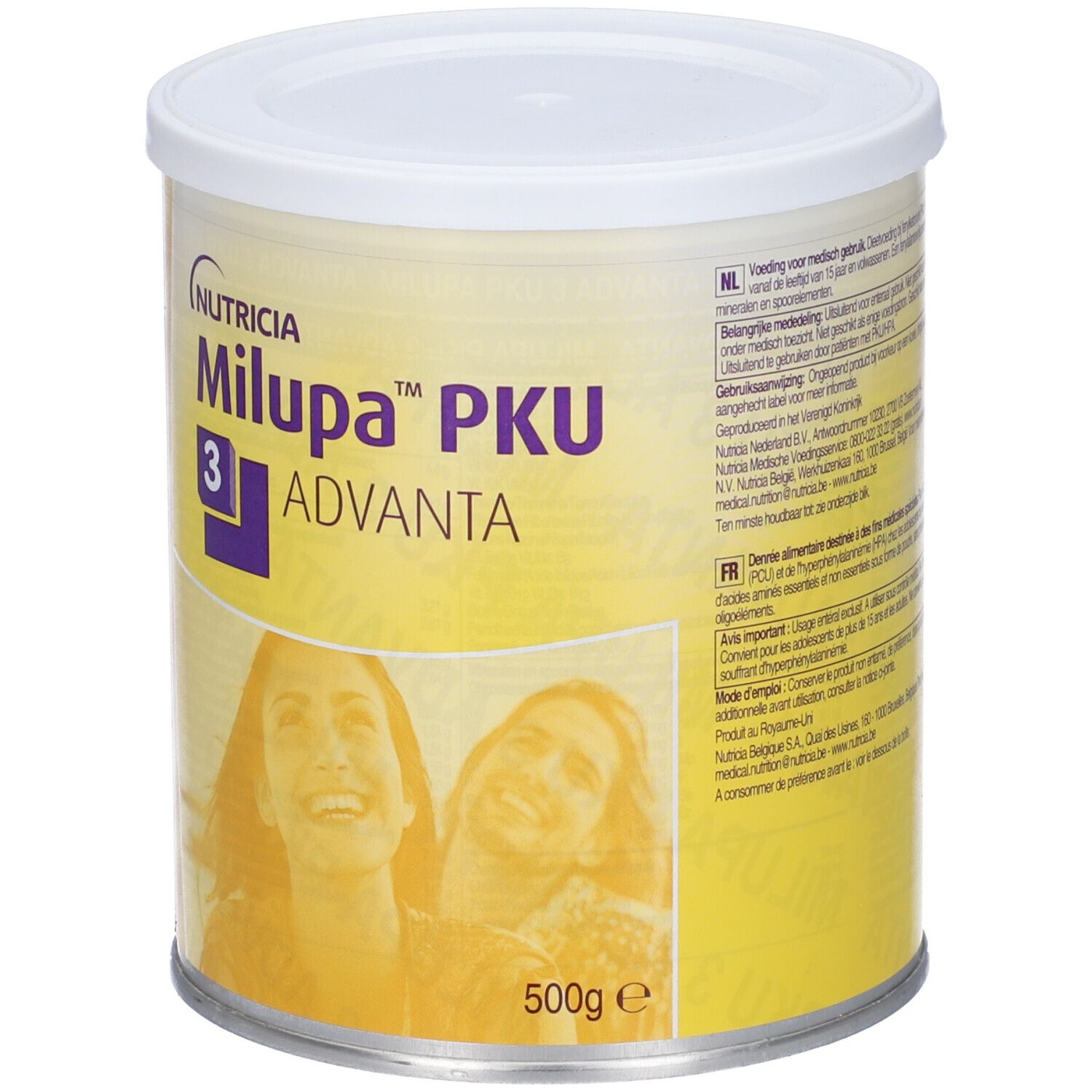 Latta Nutricia Milupa PKU 3 Advanta. Coperchio bianco, sfondo giallo. Scritte e logo. 500g.