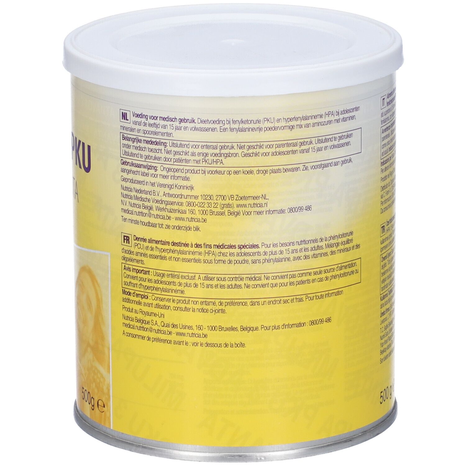 Retro latta Nutricia Milupa PKU 3 Advanta. Sfondo giallo, testo multilingue. 500g.
