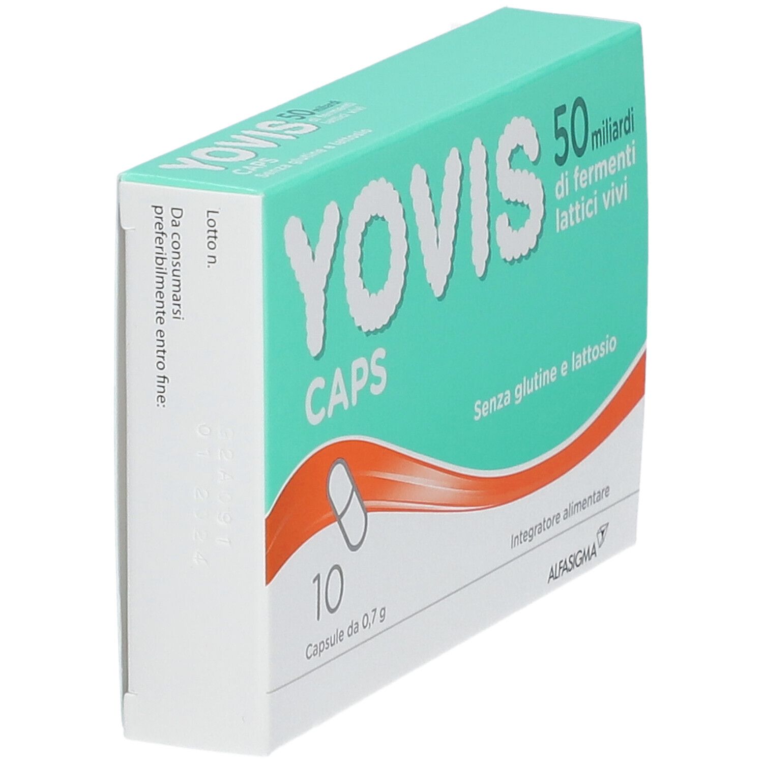 Scatola di Yovis Caps 50 Miliardi. 10 capsule, senza glutine e lattosio. Marchio AlfasiGMA.