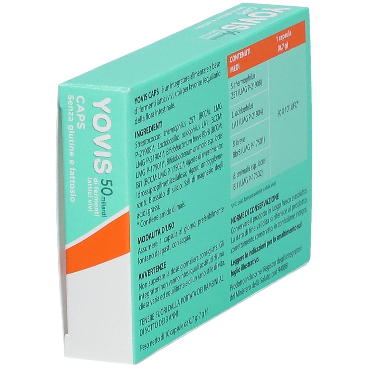 Retro della confezione Yovis Caps 50 Miliardi. Ingredienti, uso, avvertenze. Marchio AlfasiGMA.