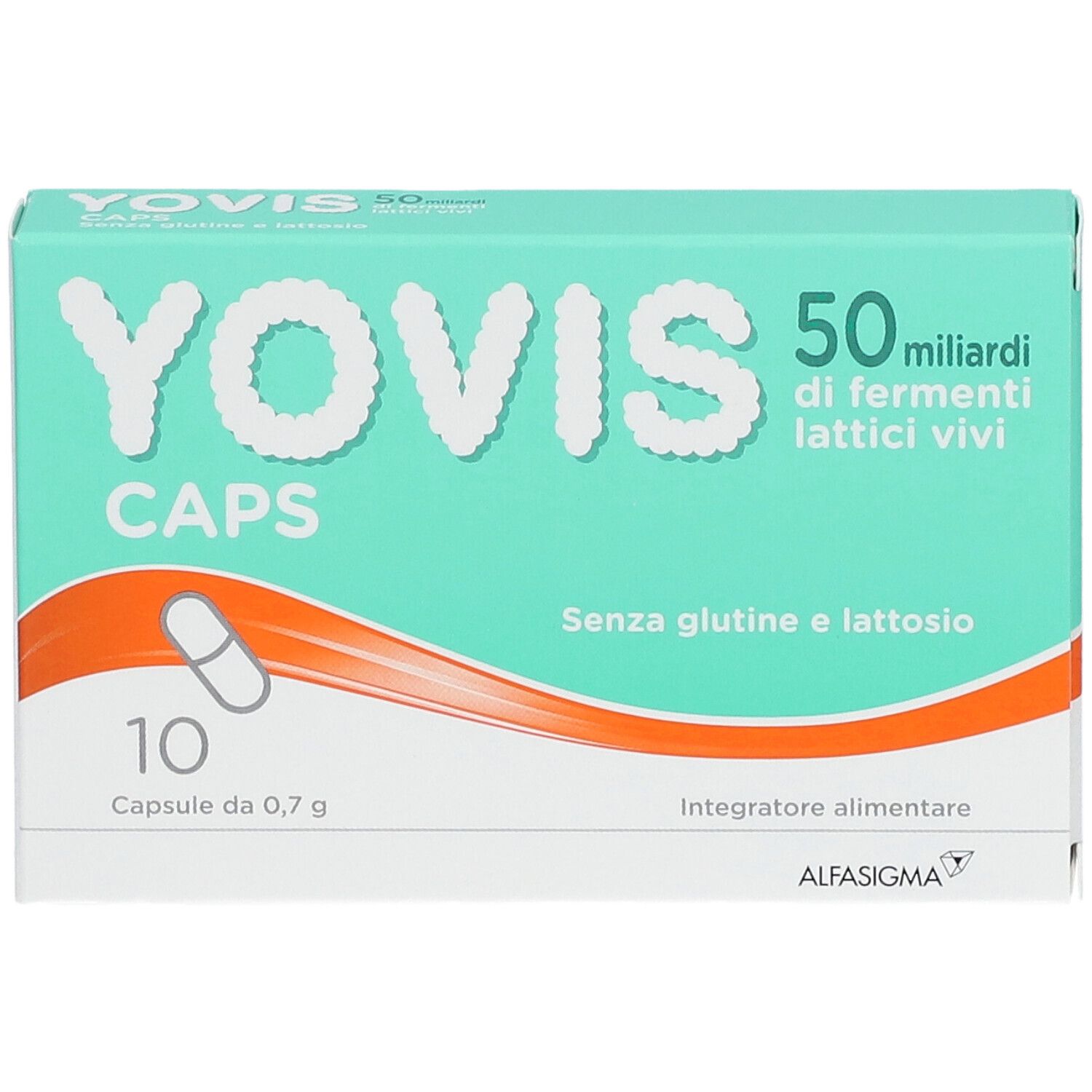 Scatola di Yovis Caps 50 Miliardi. 10 capsule, senza glutine e lattosio. Marchio AlfasiGMA.