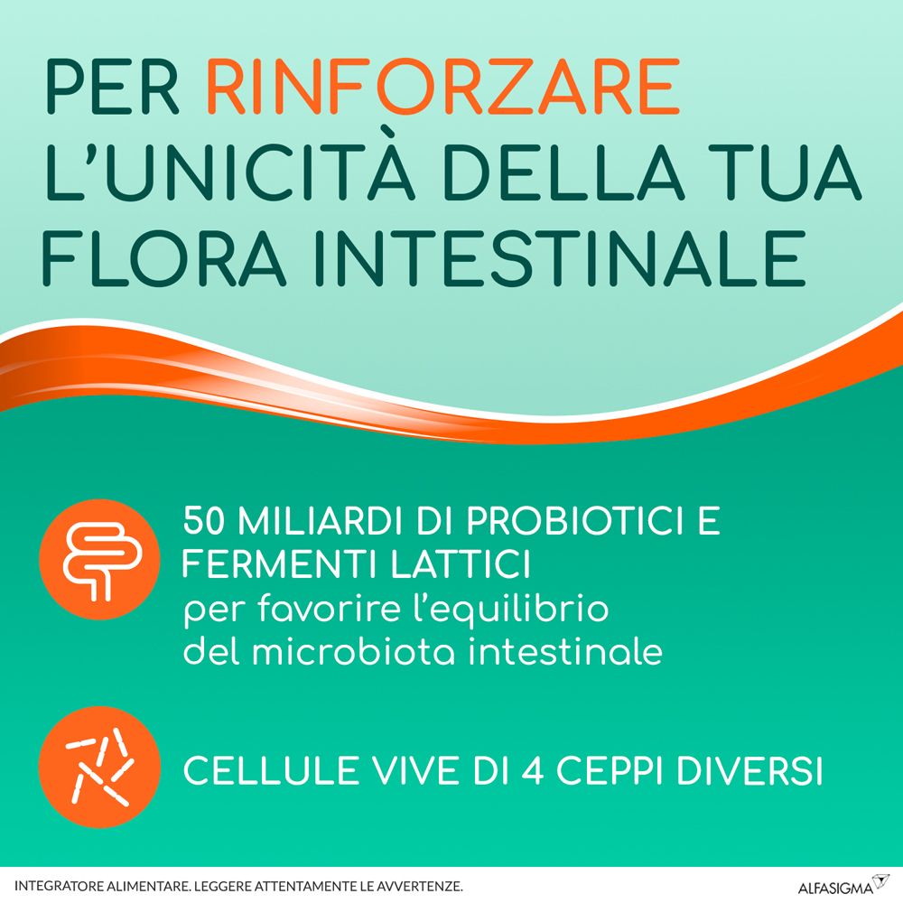 Infografica con testo su 50 miliardi di probiotici e cellule vive. Marchio AlfasiGMA.