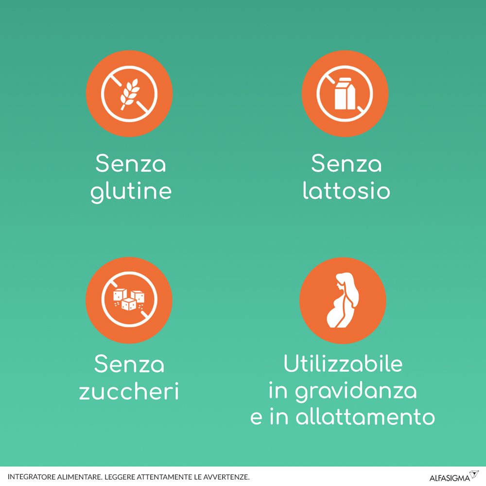 Infografica con simboli: senza glutine, senza lattosio, senza zuccheri, gravidanza e allattamento. Marchio AlfasiGMA.