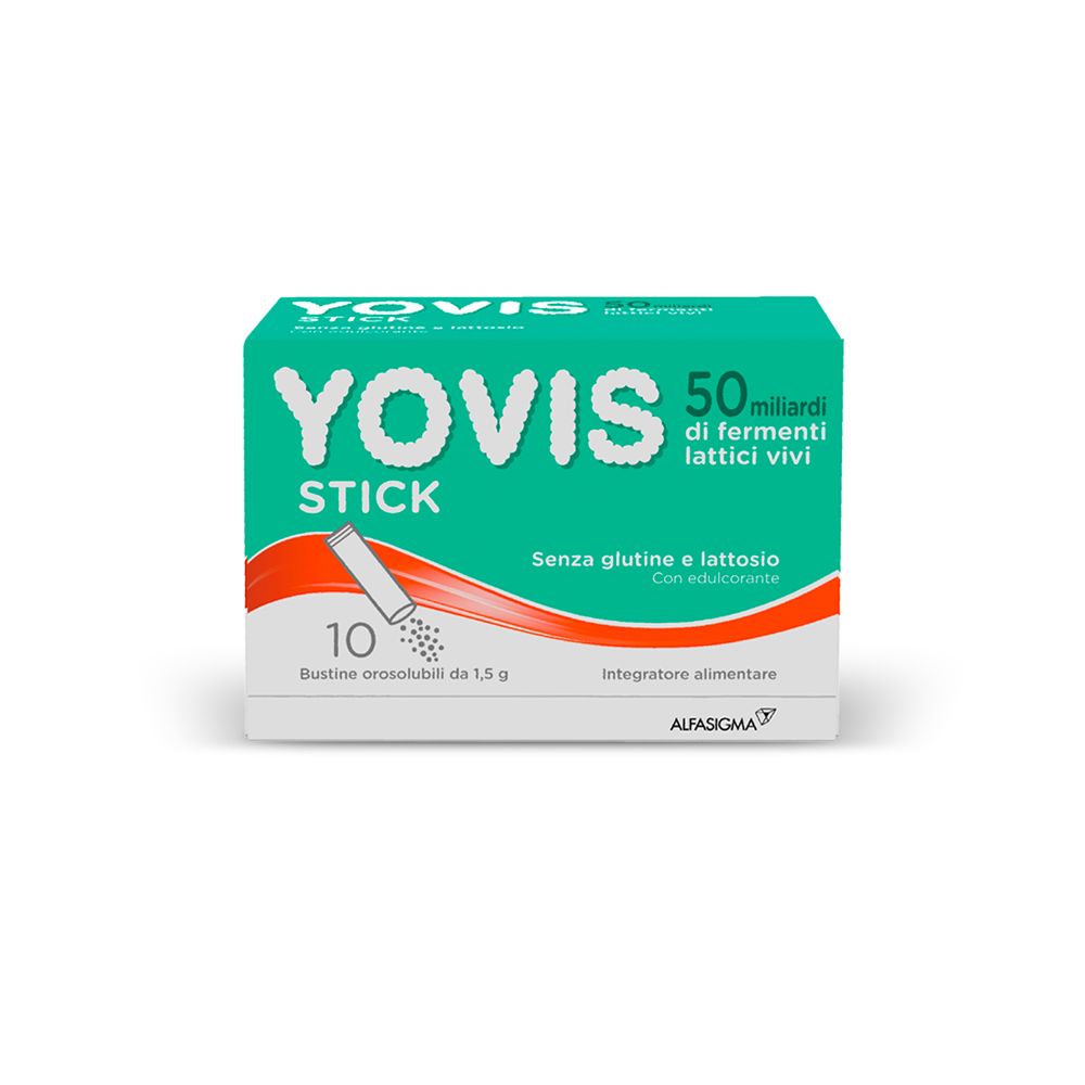 Packung Yovis® Stick. 10 Beutel, 50 Milliarden lebende Milchsäurebakterien. Gluten- und laktosefrei. Mit Süßstoff.