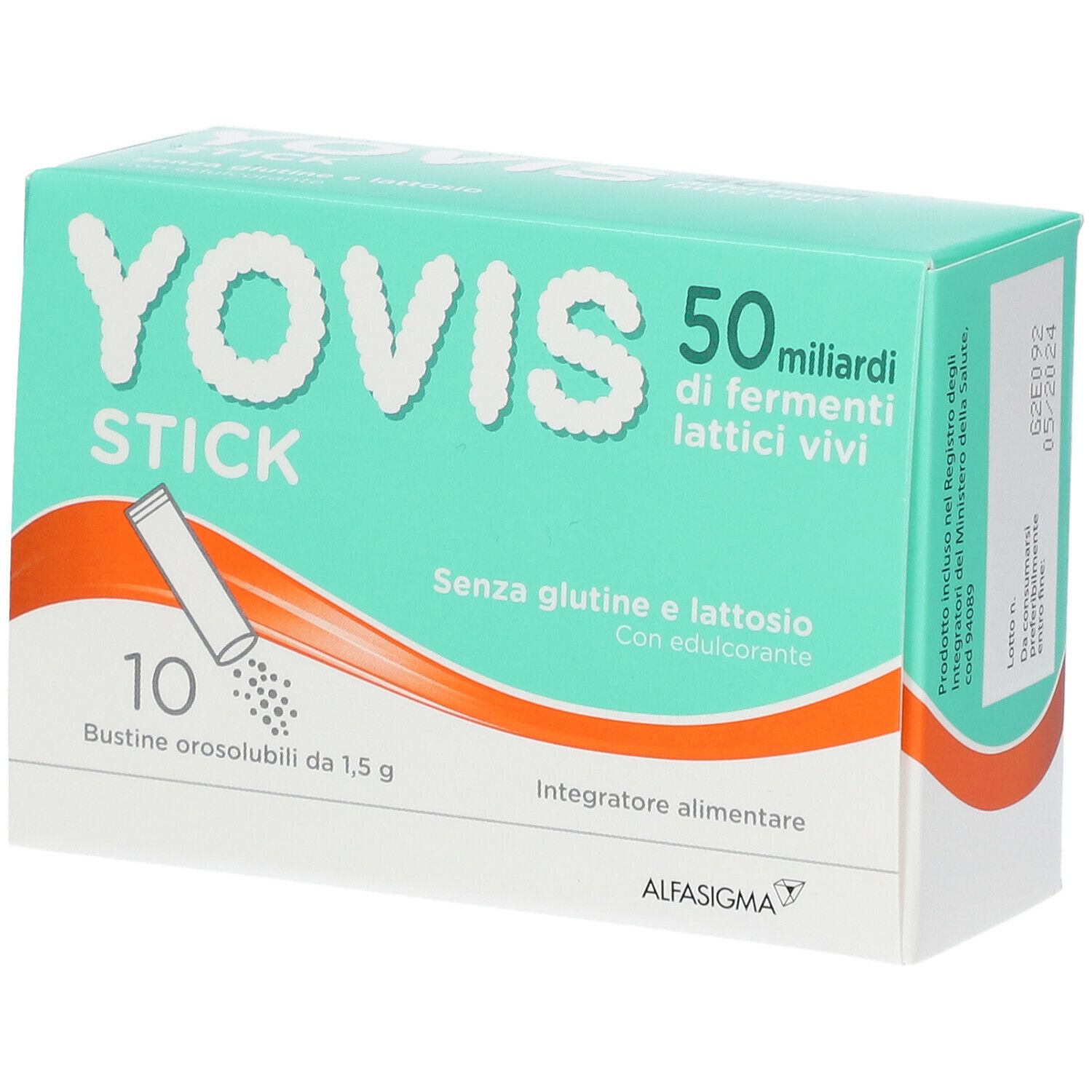 Packung Yovis® Stick. 10 Beutel, 50 Milliarden lebende Milchsäurebakterien. Gluten- und laktosefrei. Mit Süßstoff.