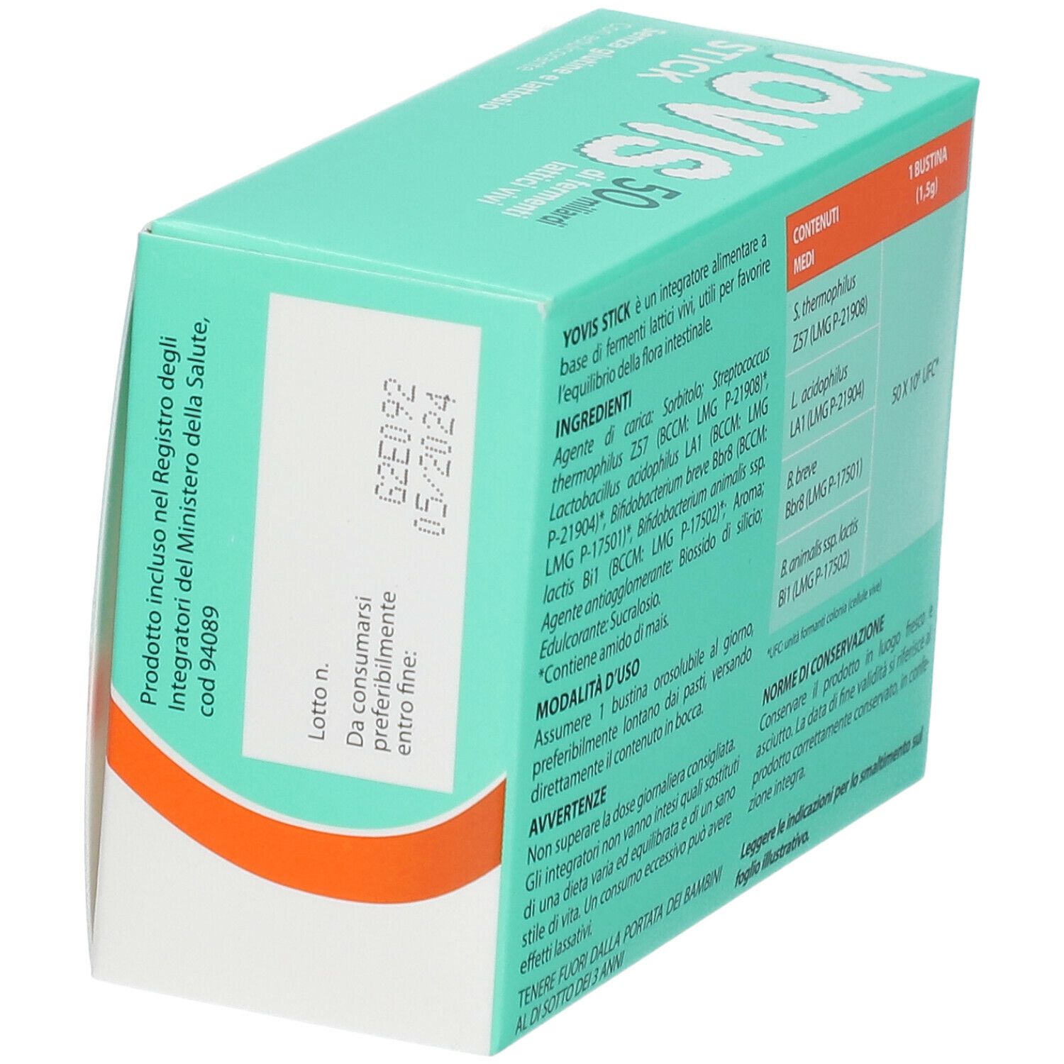Packung Yovis® Stick. 10 Beutel, 50 Milliarden lebende Milchsäurebakterien. Gluten- und laktosefrei. Mit Süßstoff. Winkelansicht.