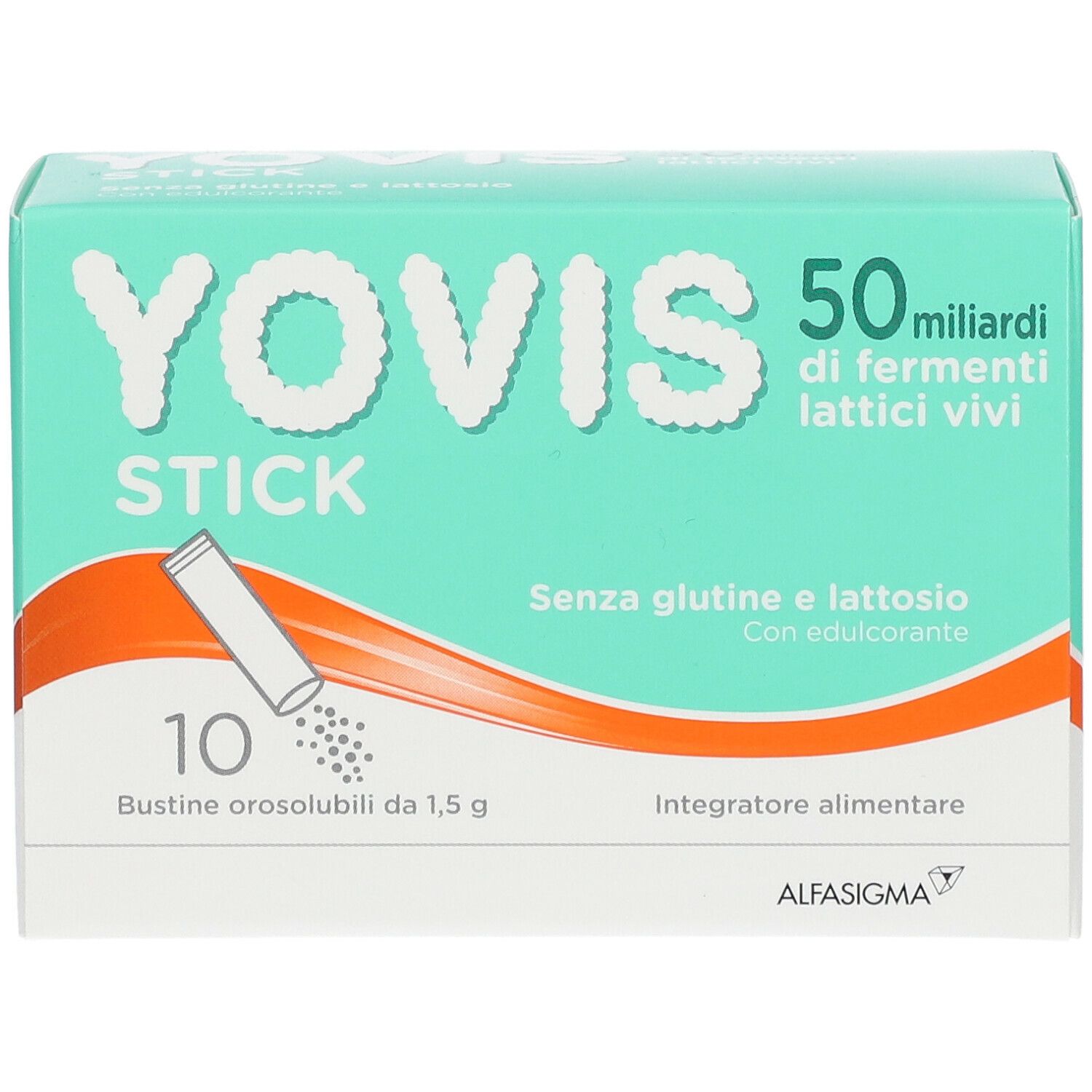 Packung Yovis® Stick. 10 Beutel, 50 Milliarden lebende Milchsäurebakterien. Gluten- und laktosefrei. Mit Süßstoff.