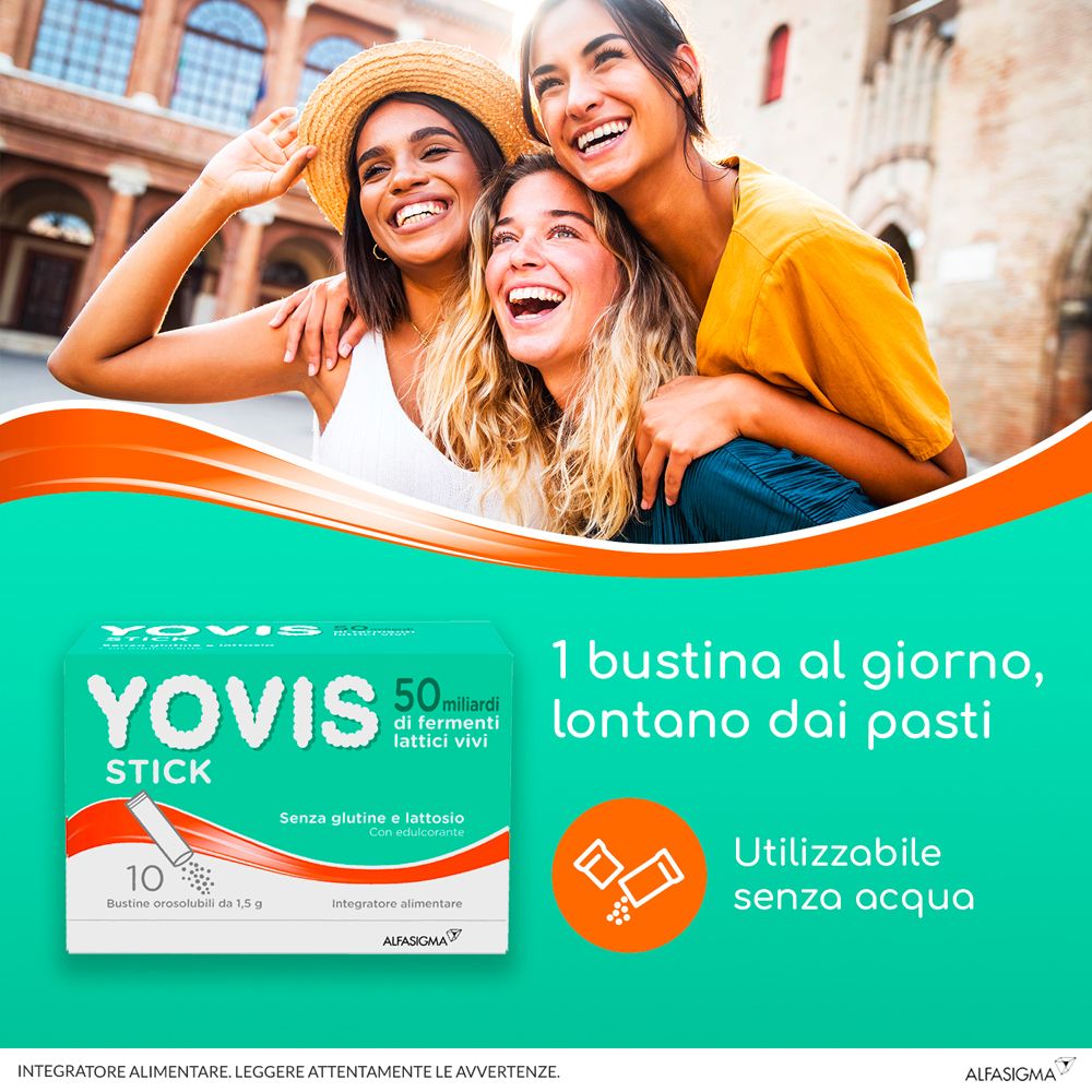 Werbung mit Yovis® Stick. Drei lächelnde Frauen. 1 Beutel täglich, ohne Wasser. 10 Beutel Packung.