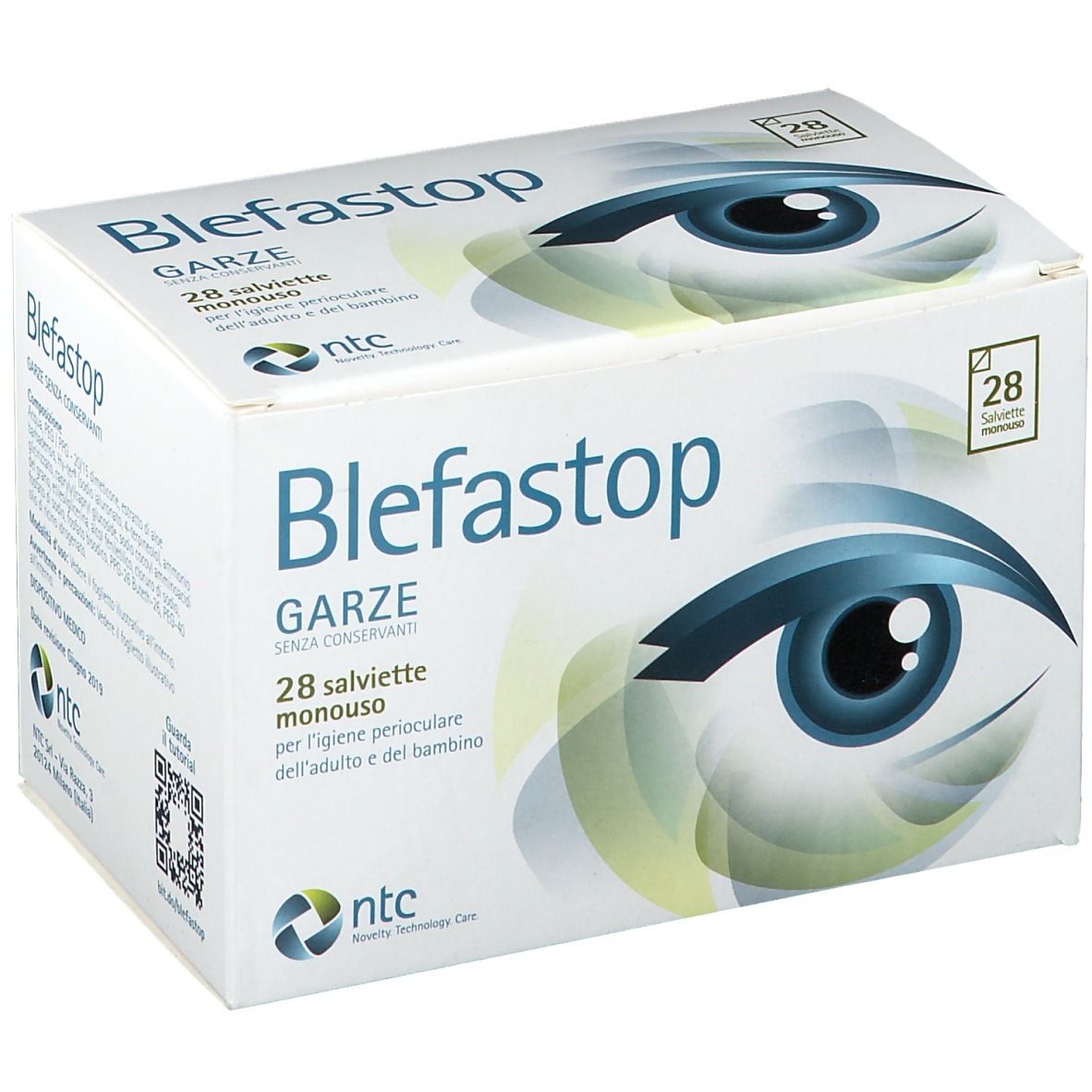 Confezione di Blefastop Garze. Contiene 28 salviette monouso. Stampa con occhio e informazioni sul prodotto.