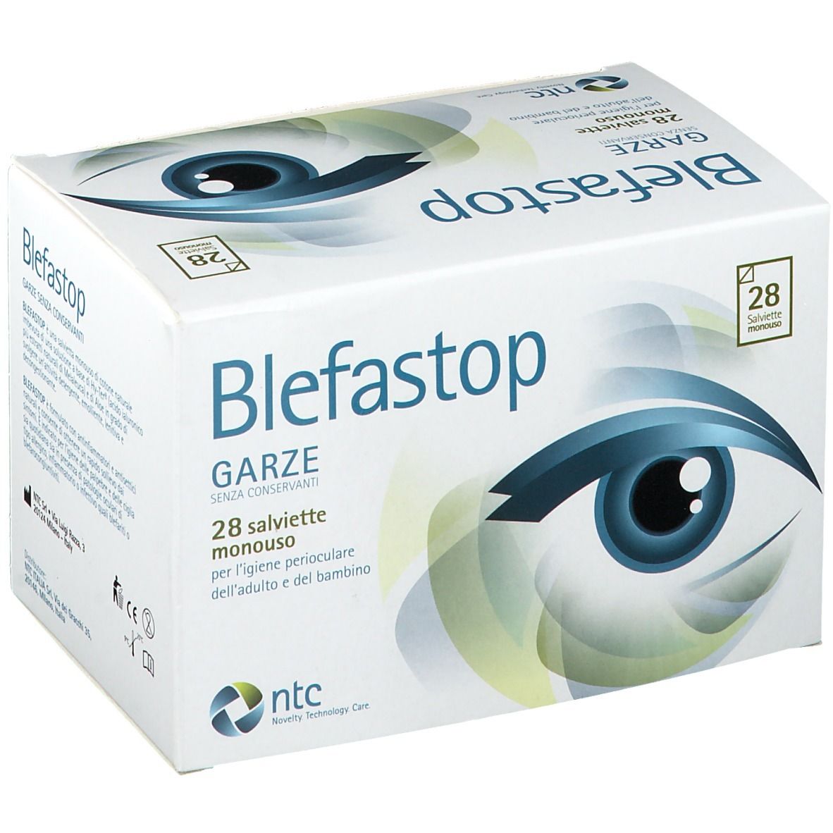 Confezione di Blefastop Garze. Contiene 28 salviette. Informazioni sul prodotto e motivo occhio stampati sulla confezione.